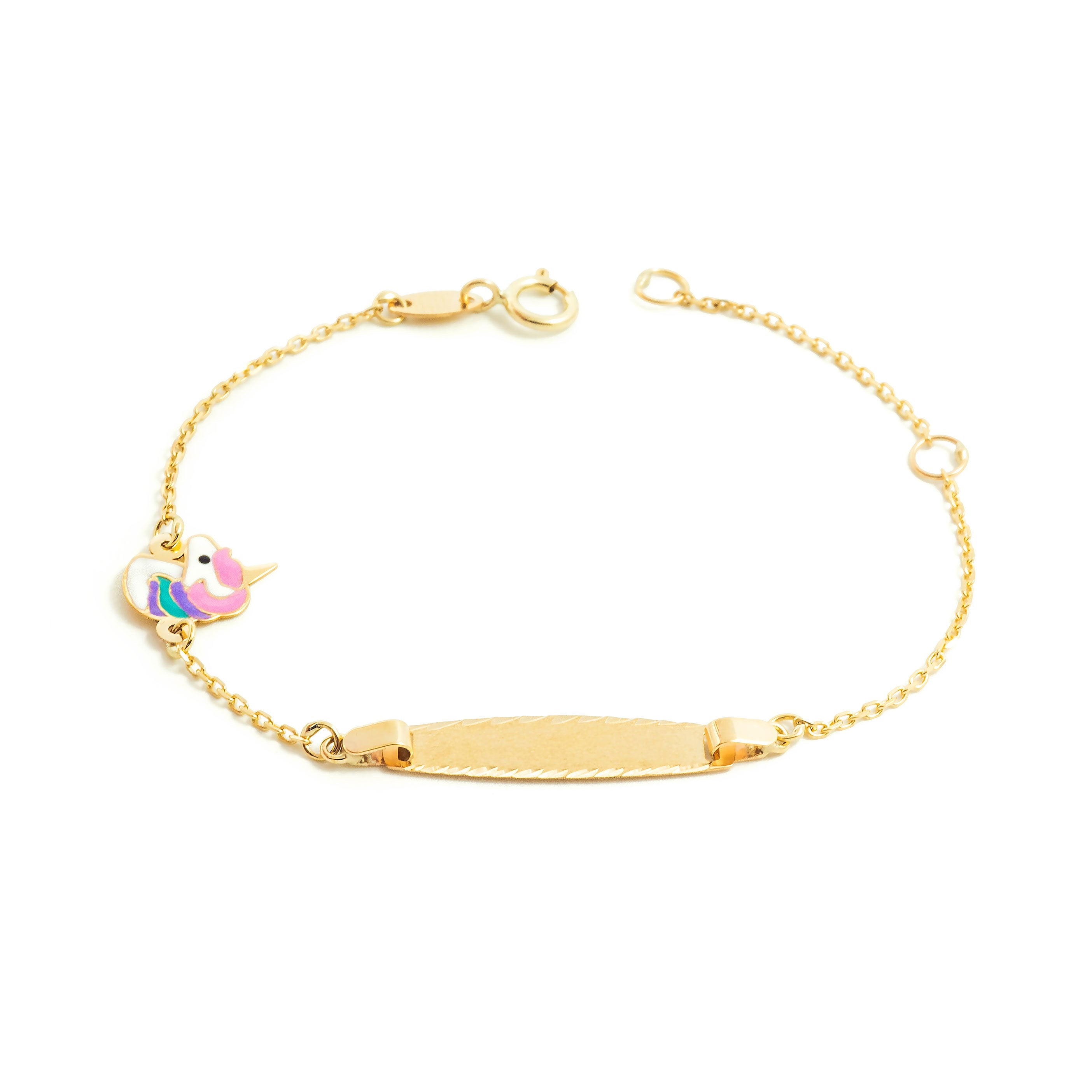 Pulsera Niña Oro Amarillo 9K Personalizada Esclava Unicornio Multicolor Mate y Brillo 14 cm