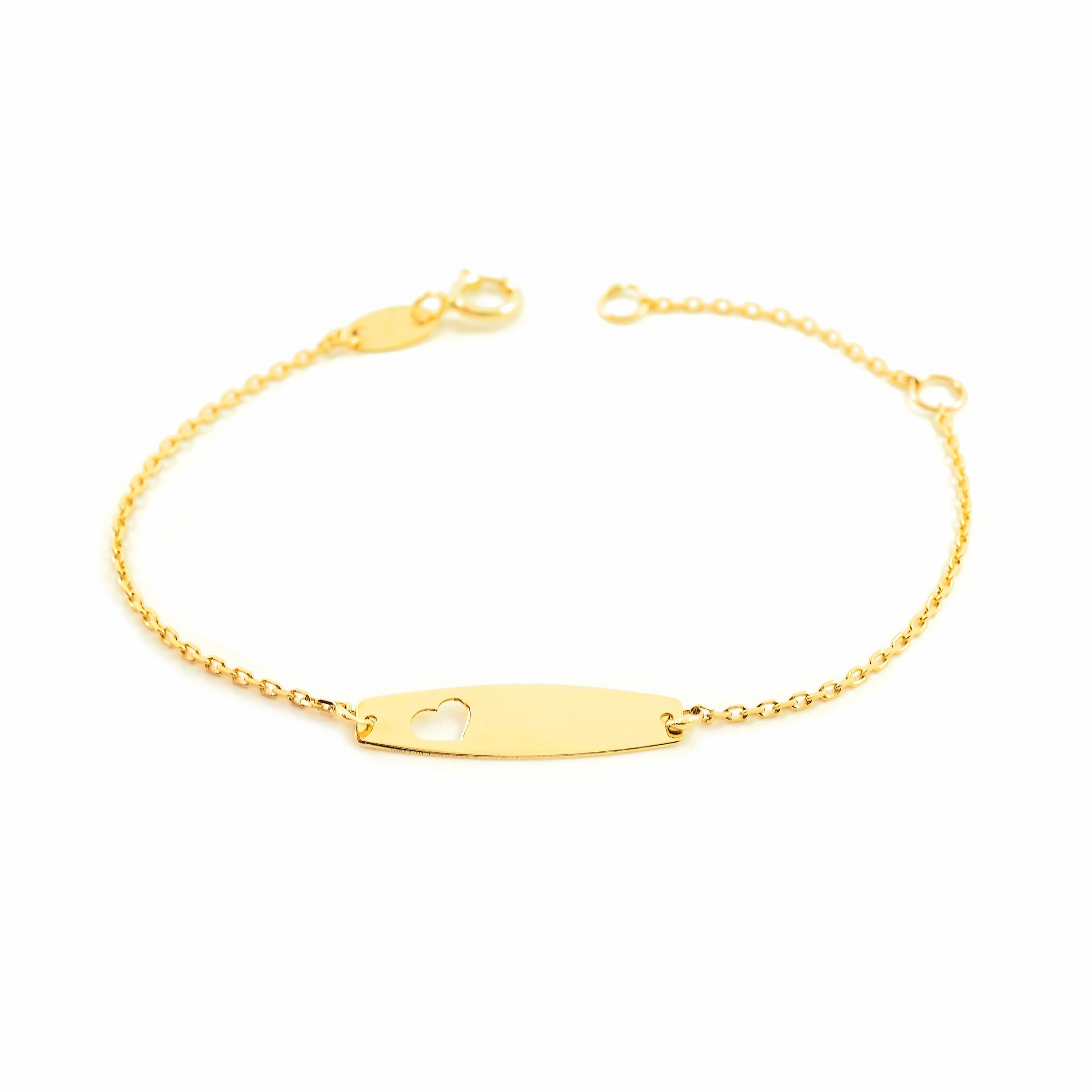 Pulsera Niña Oro Amarillo 9K Personalizada Esclava Corazón Brillo 14 cm