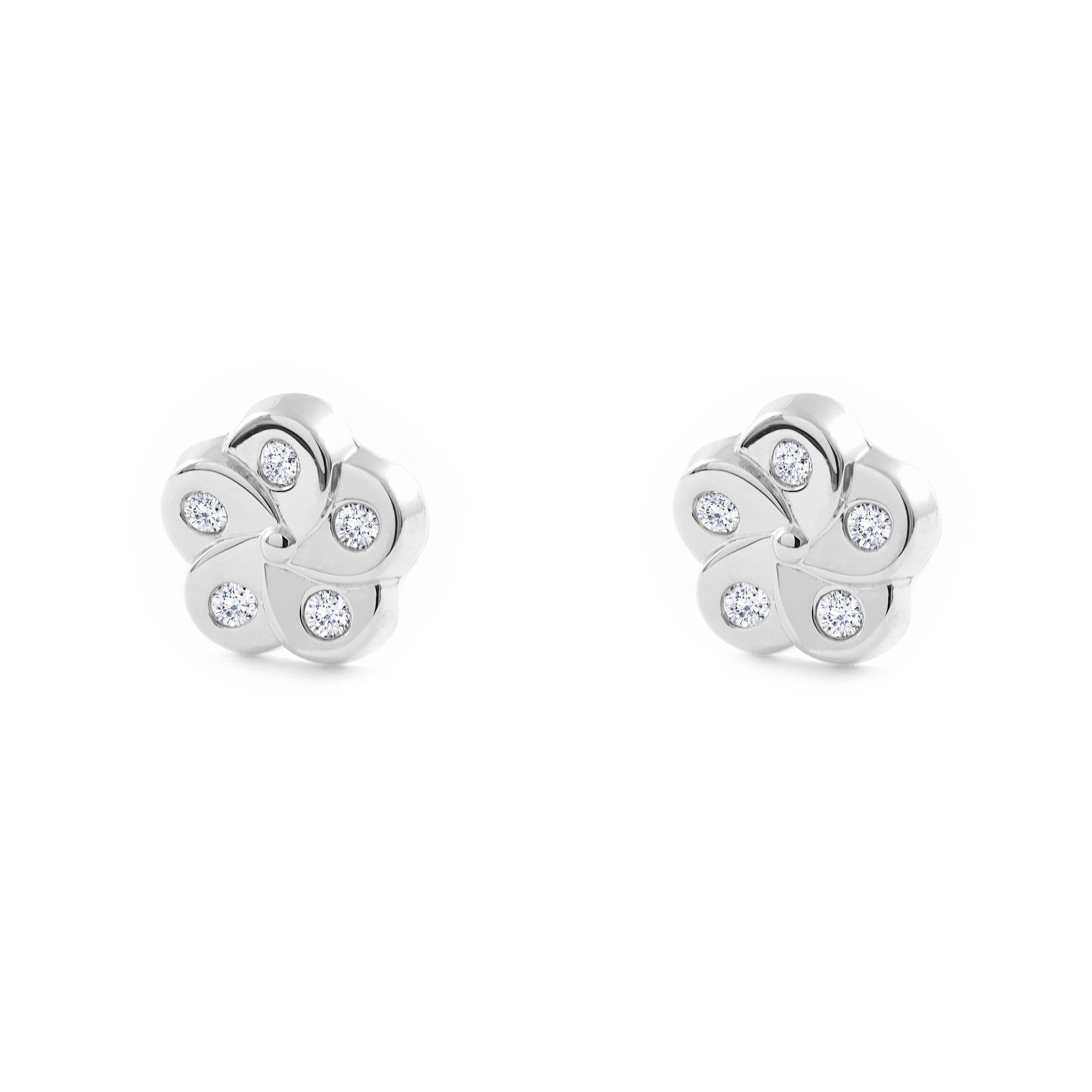 Pendientes Bebe-Niña Oro Blanco 9K Flor Circonitas Brillo