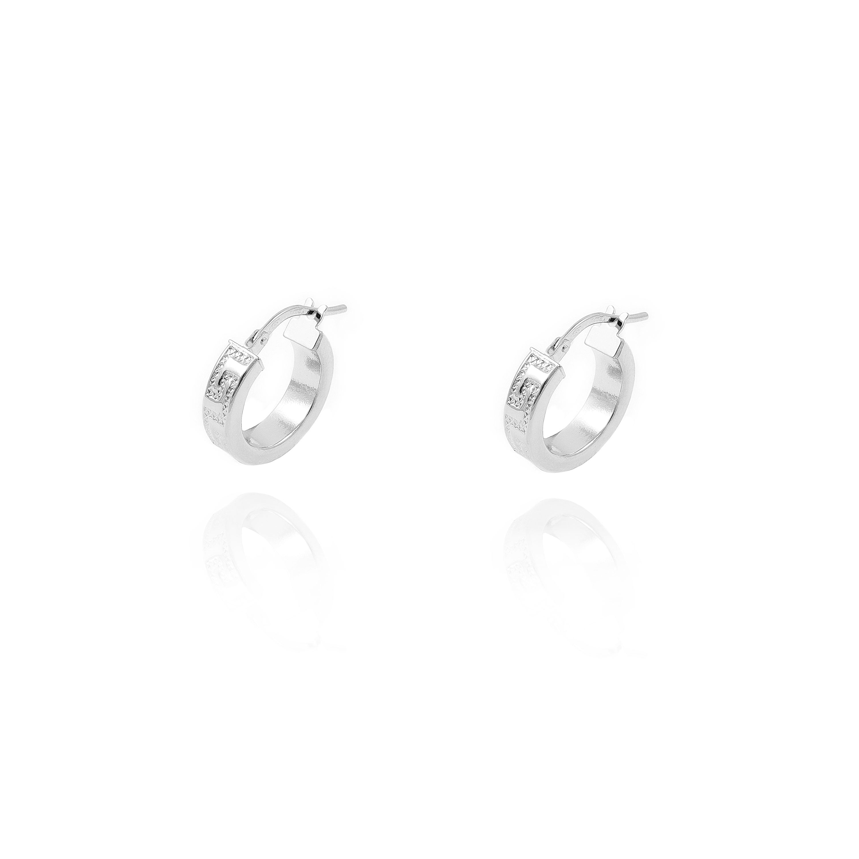 Pendientes Oro Blanco 18K Aros Rectangular Greca 13 x 4 mm
