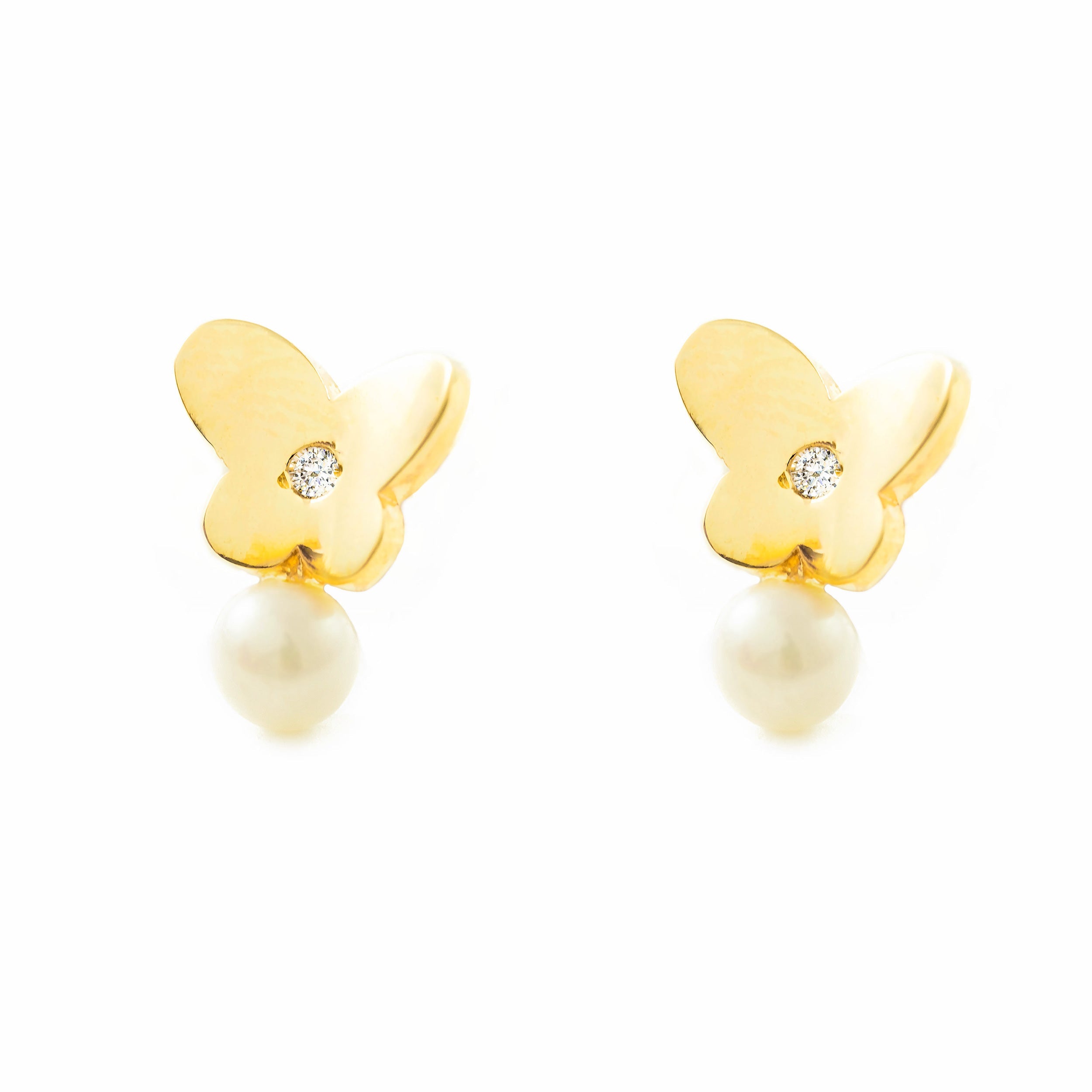 Pendientes Niña Oro Amarillo 9K Tu y Yo Perla Redonda 3,5 mm Mariposa Circonita Brillo