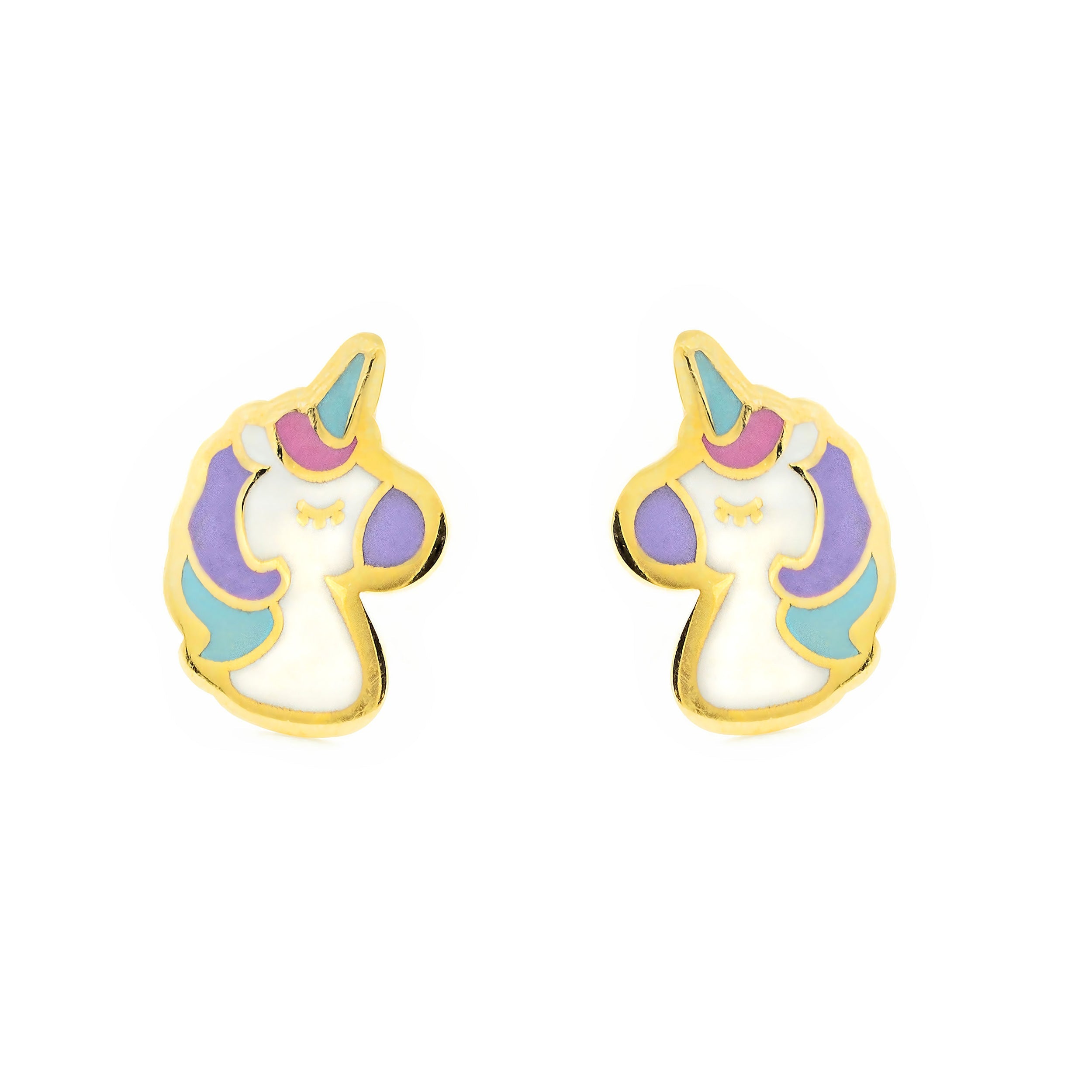 Pendientes Niña Oro Amarillo 9K Unicornio Esmalte Multicolor Brillo