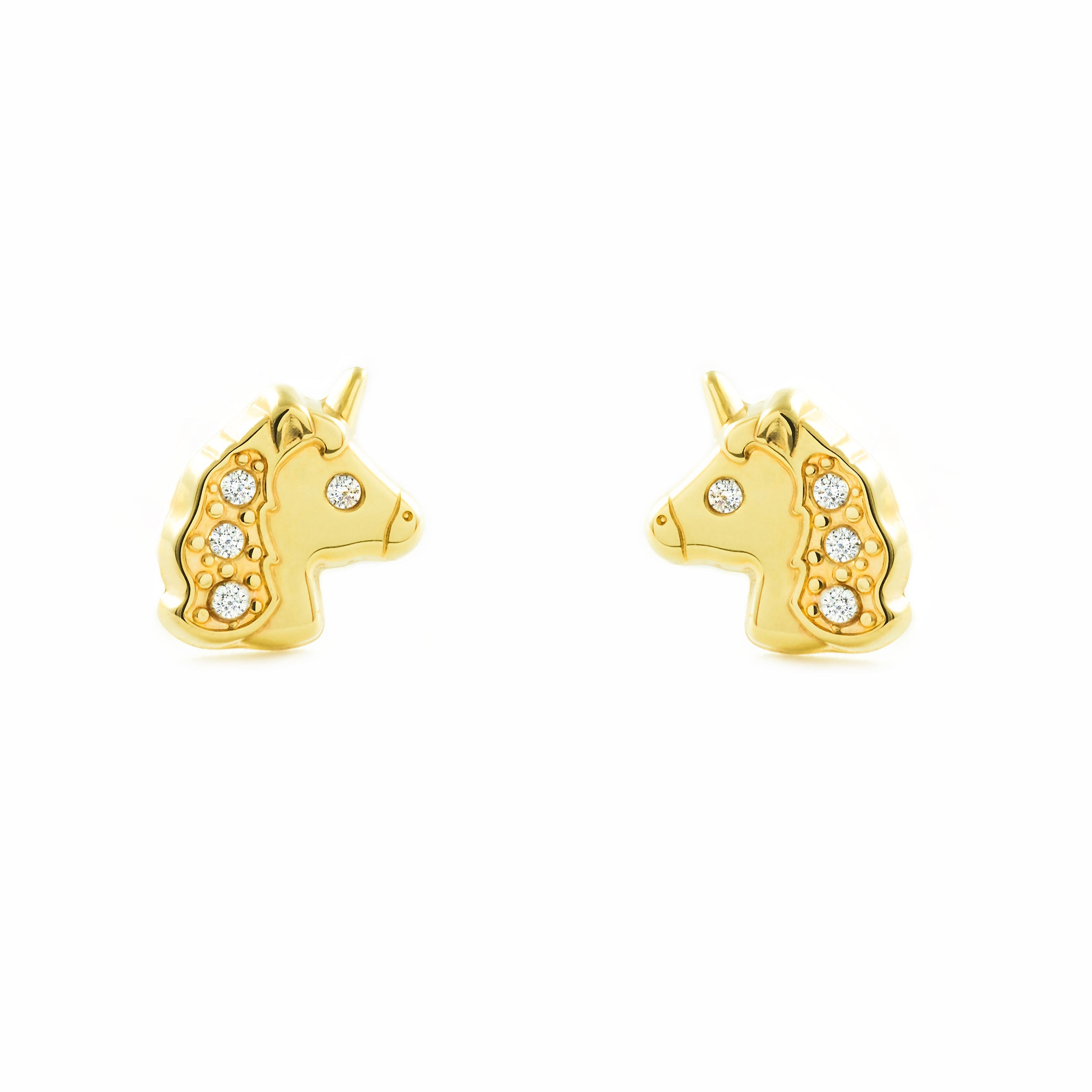 Pendientes Niña Oro Amarillo 9K Unicornio Circonitas Brillo