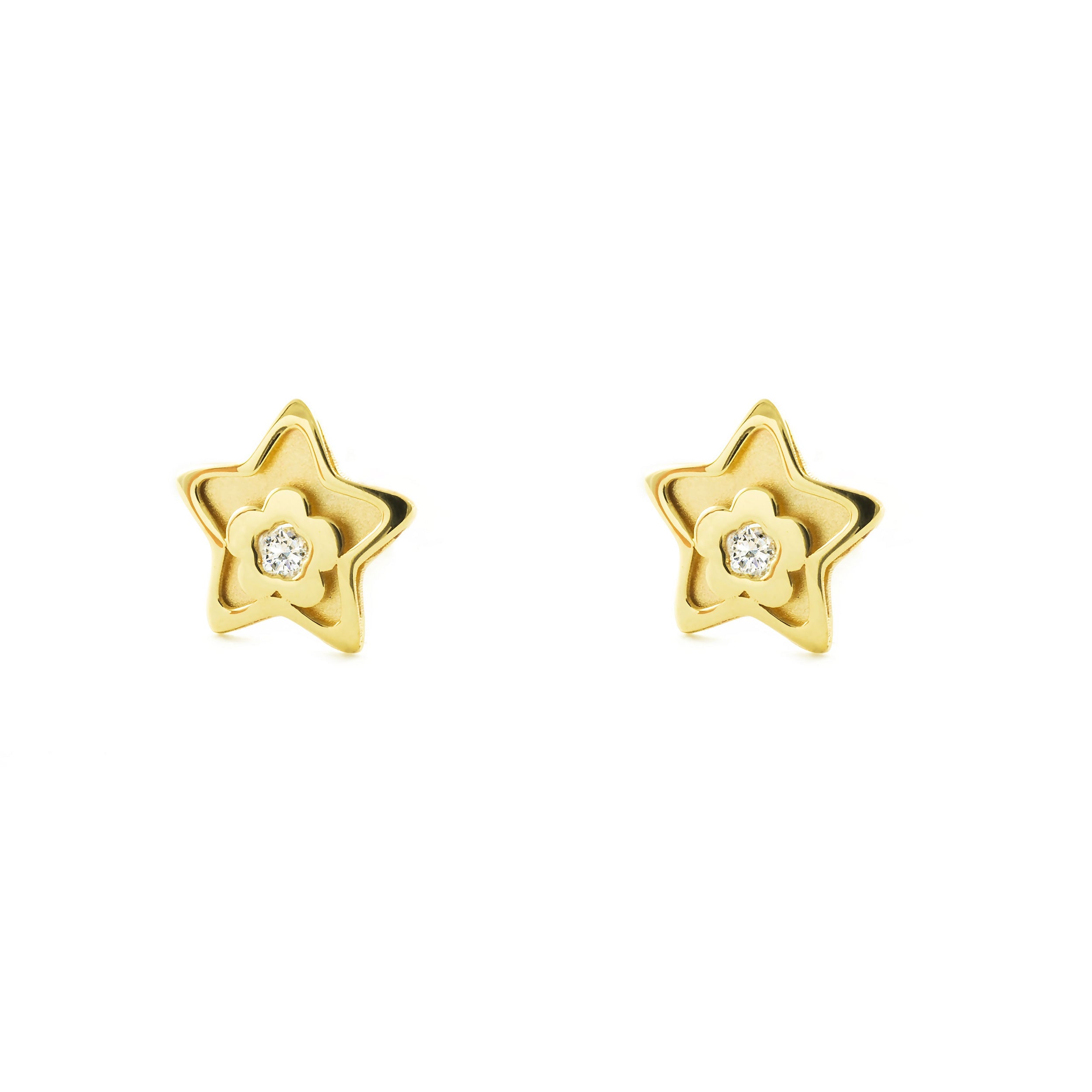 Pendientes Bebe-Niña Oro Amarillo 9K Flor Estrella Circonita Brillo