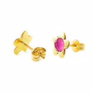 Pendientes oro amarillo niña margarita con briolet rosa