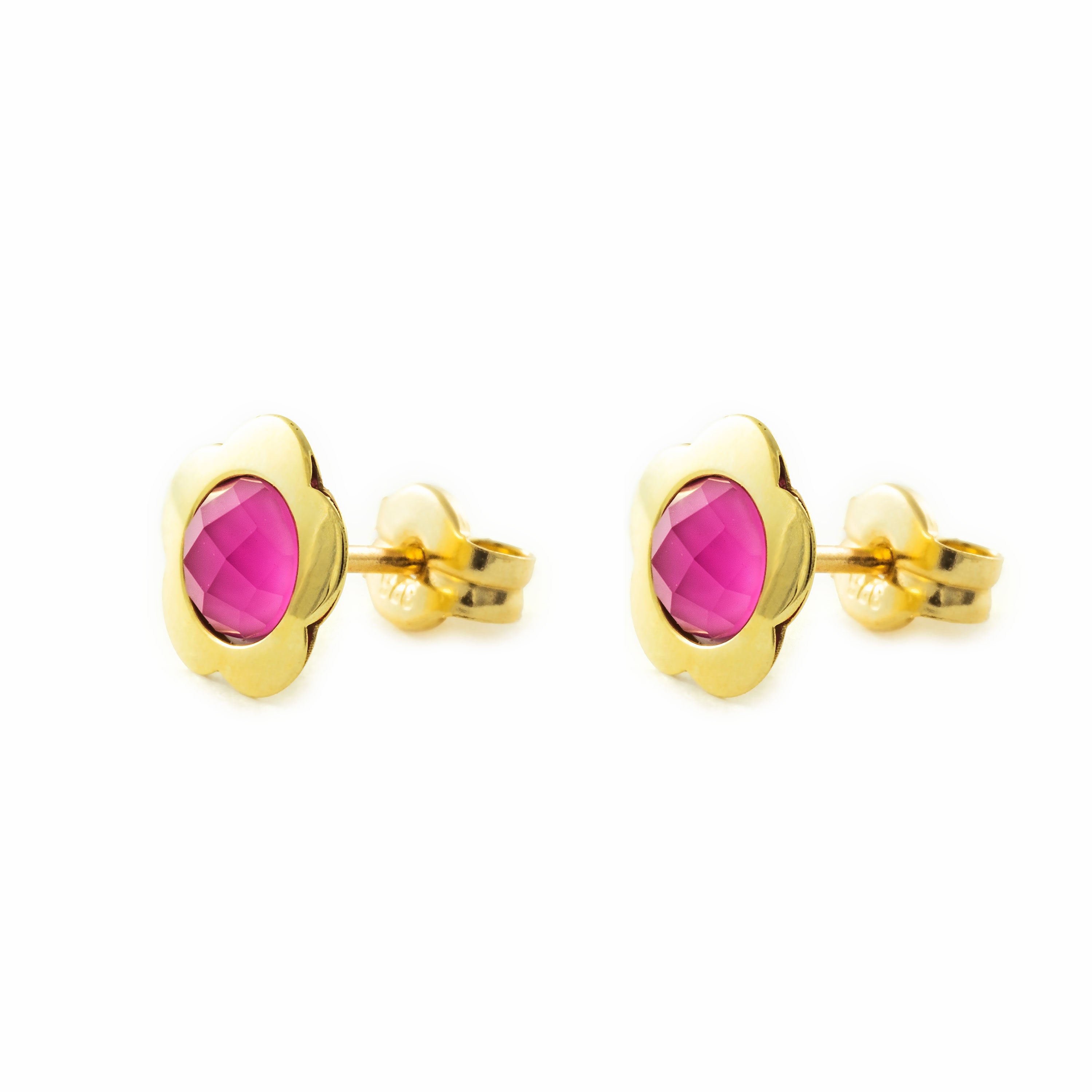 Pendientes oro amarillo niña flor con briolet rosa