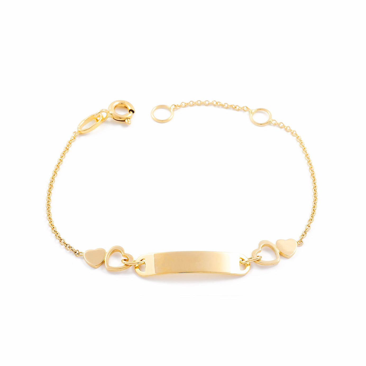 Pulsera Niña Oro Amarillo 18K Personalizada Esclava Corazones Brillo 14 cm