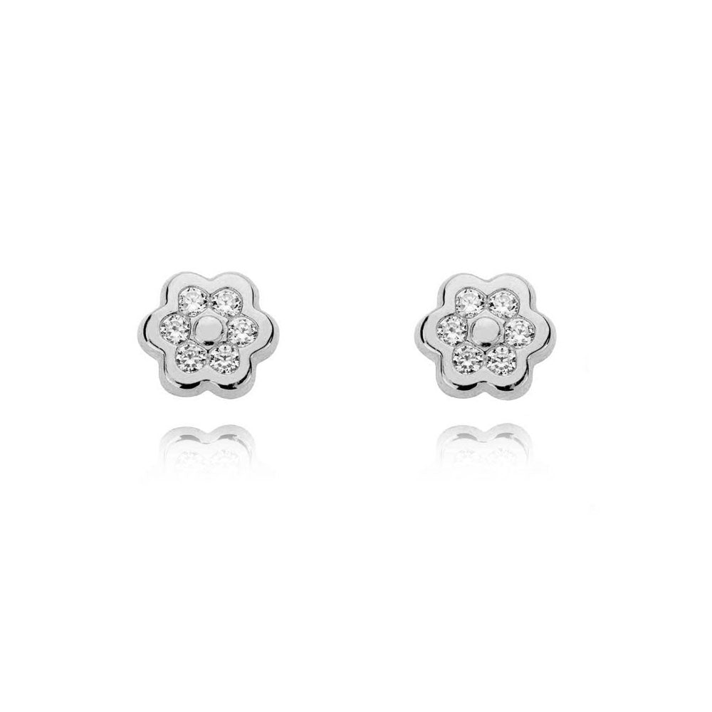 Pendientes Mujer-Niña Oro Blanco 9K Flor Margarita Circonitas Brillo