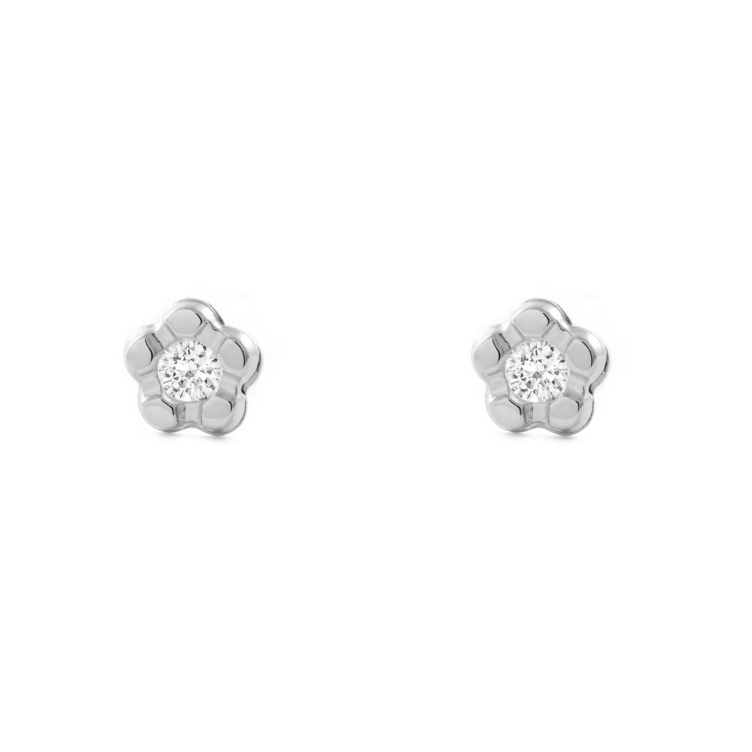 Pendientes Bebe Oro Blanco 9K Flor Margarita Circonita Brillo