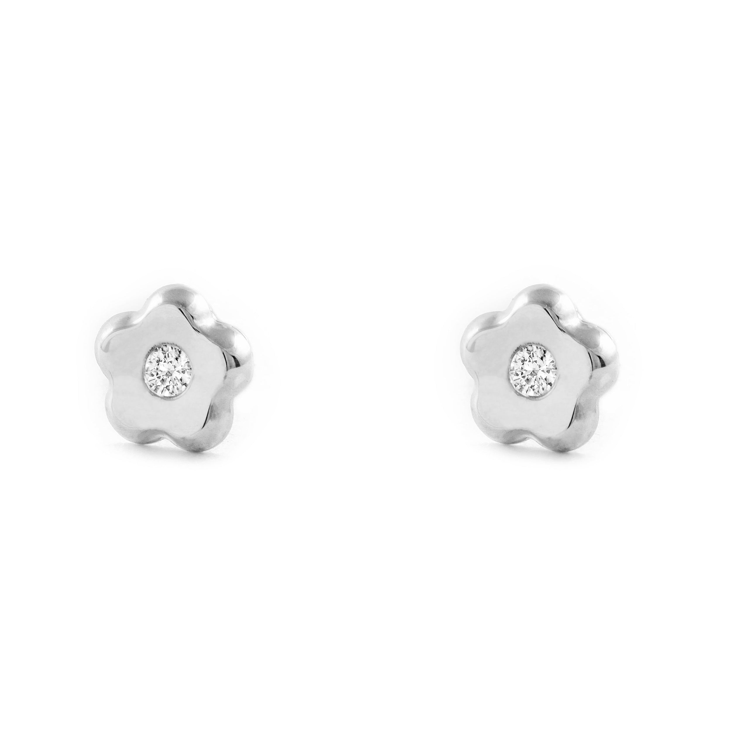 Pendientes Bebe-Niña Oro Blanco 9K Flor Margarita Circonita Brillo