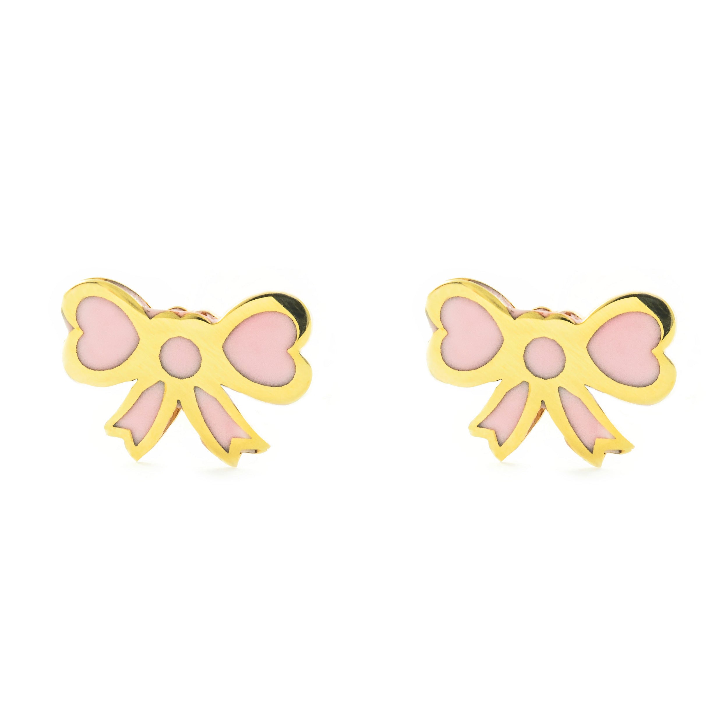 Pendientes Niña Oro Amarillo 9K Lazo Esmalte Rosa Brillo