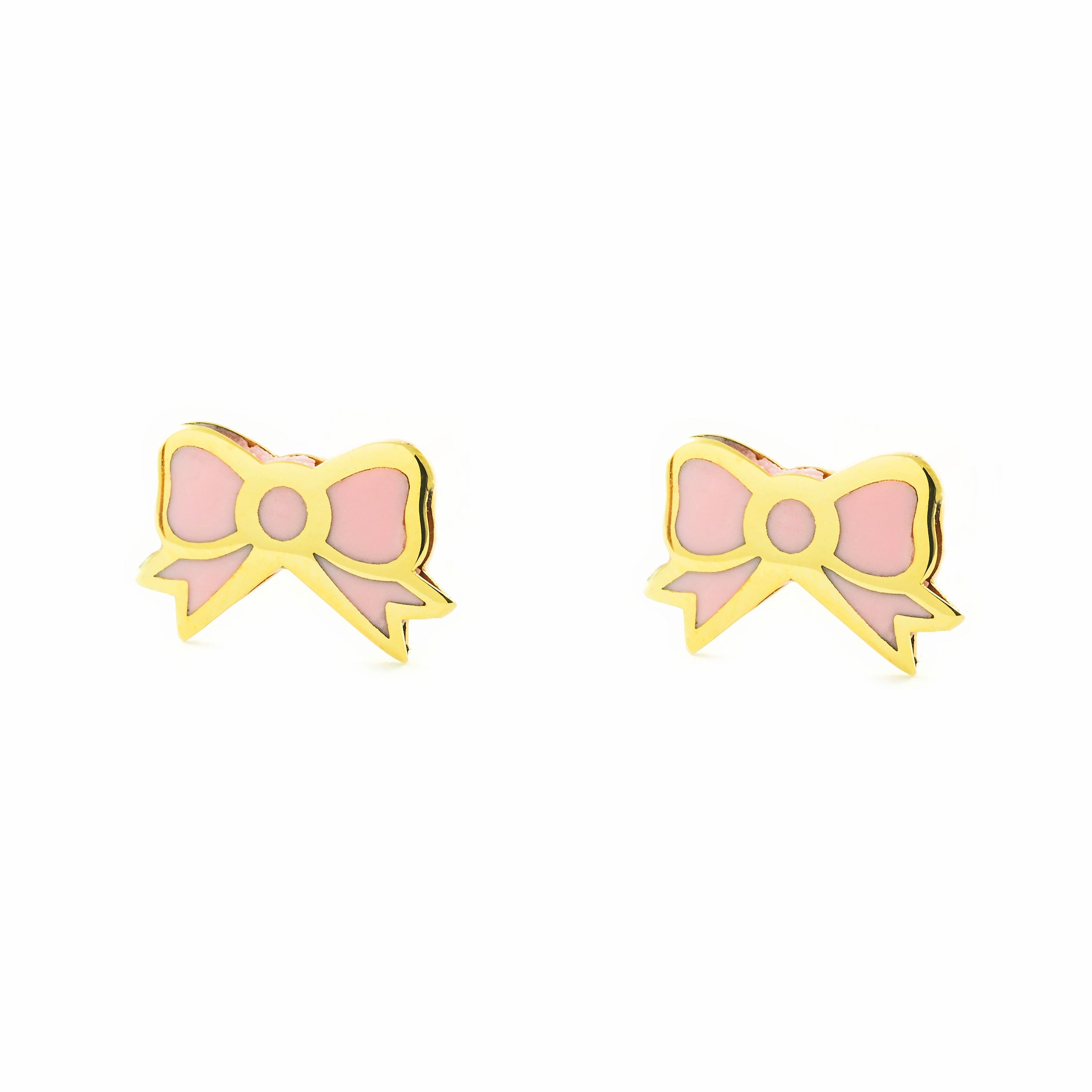Pendientes Niña Oro Amarillo 9K Lazo Esmalte Rosa Brillo