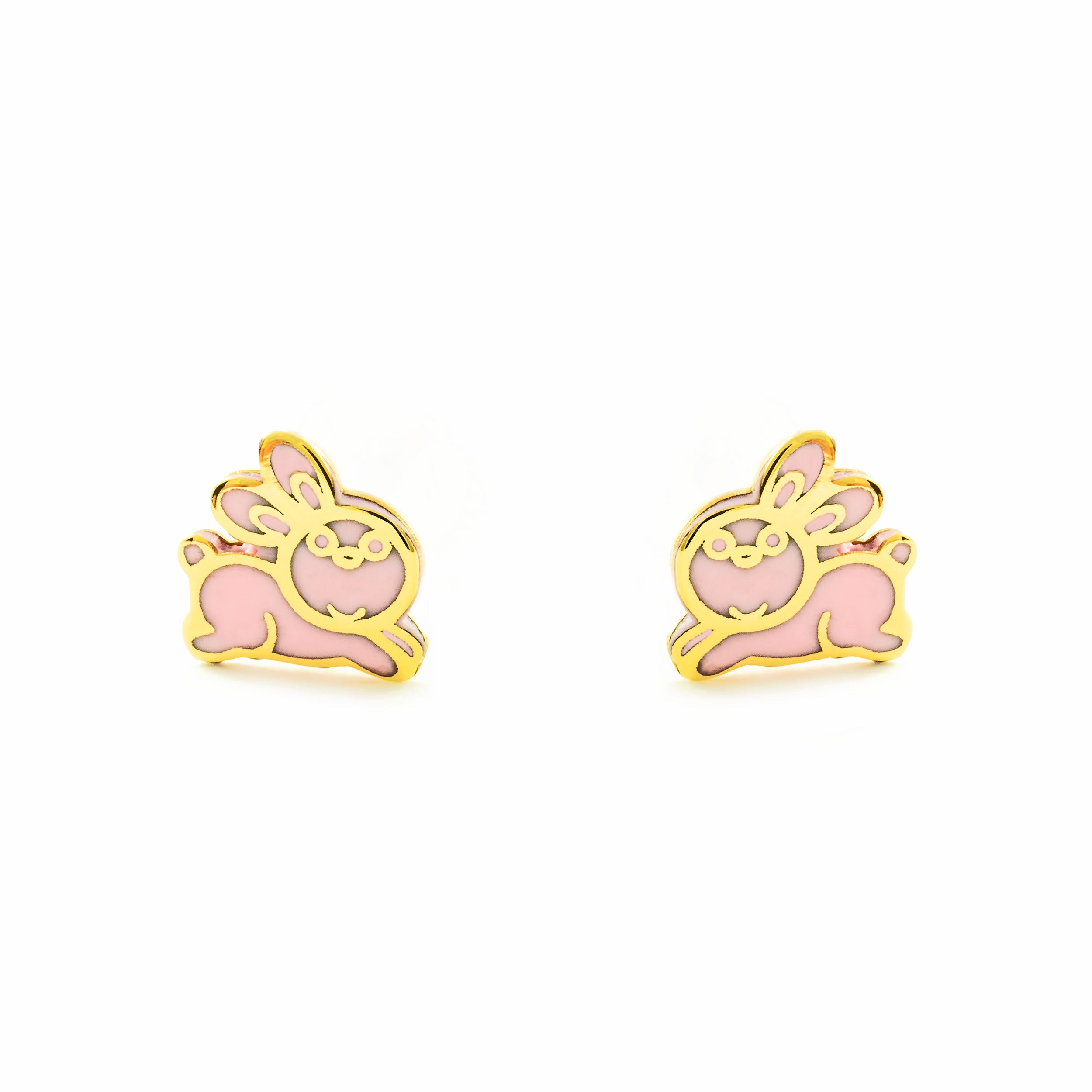 Pendientes Bebe-Niña Oro Amarillo 9K Conejo Esmalte Rosa Brillo