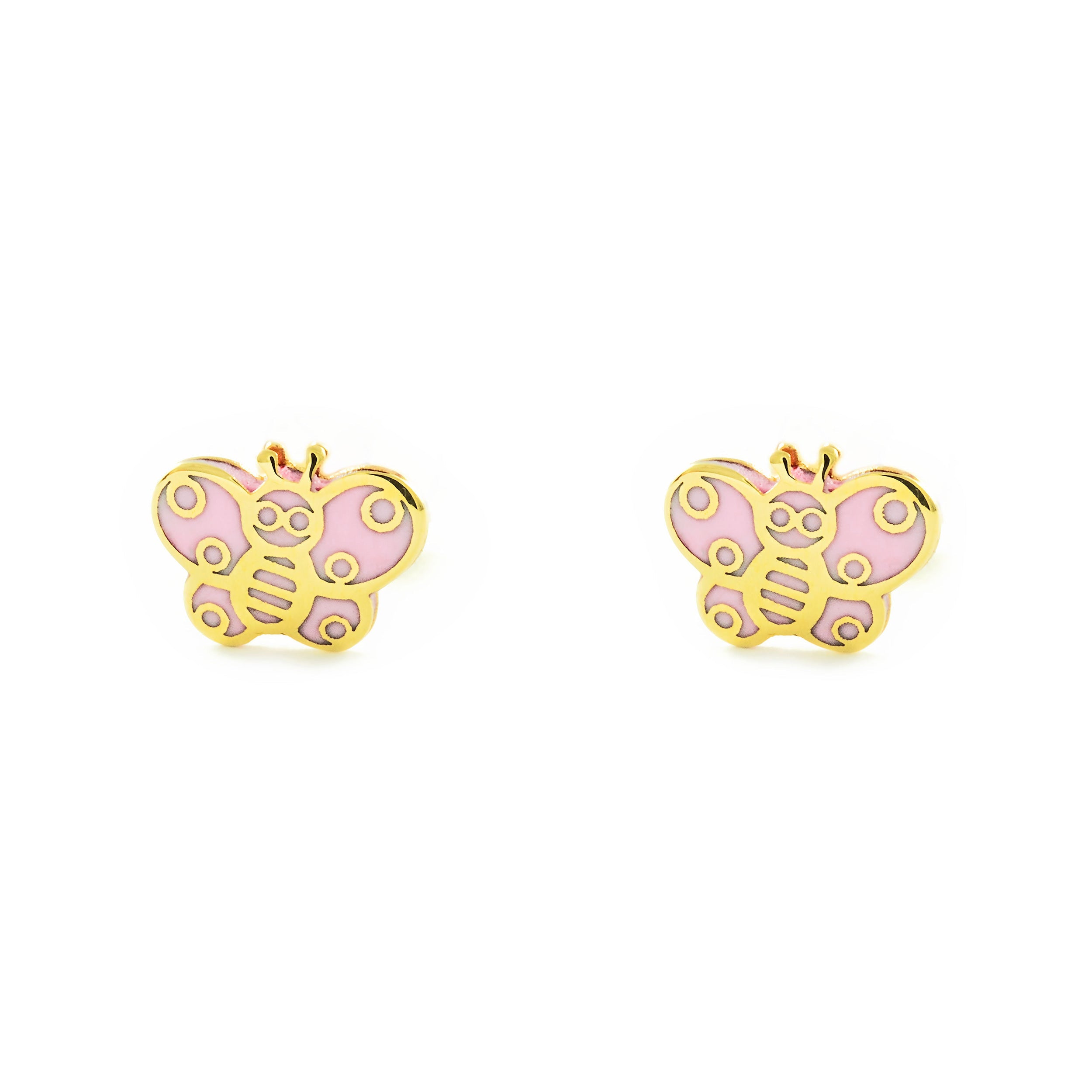 Pendientes Bebe-Niña Oro Amarillo 9K Mariposa Esmalte Rosa Brillo