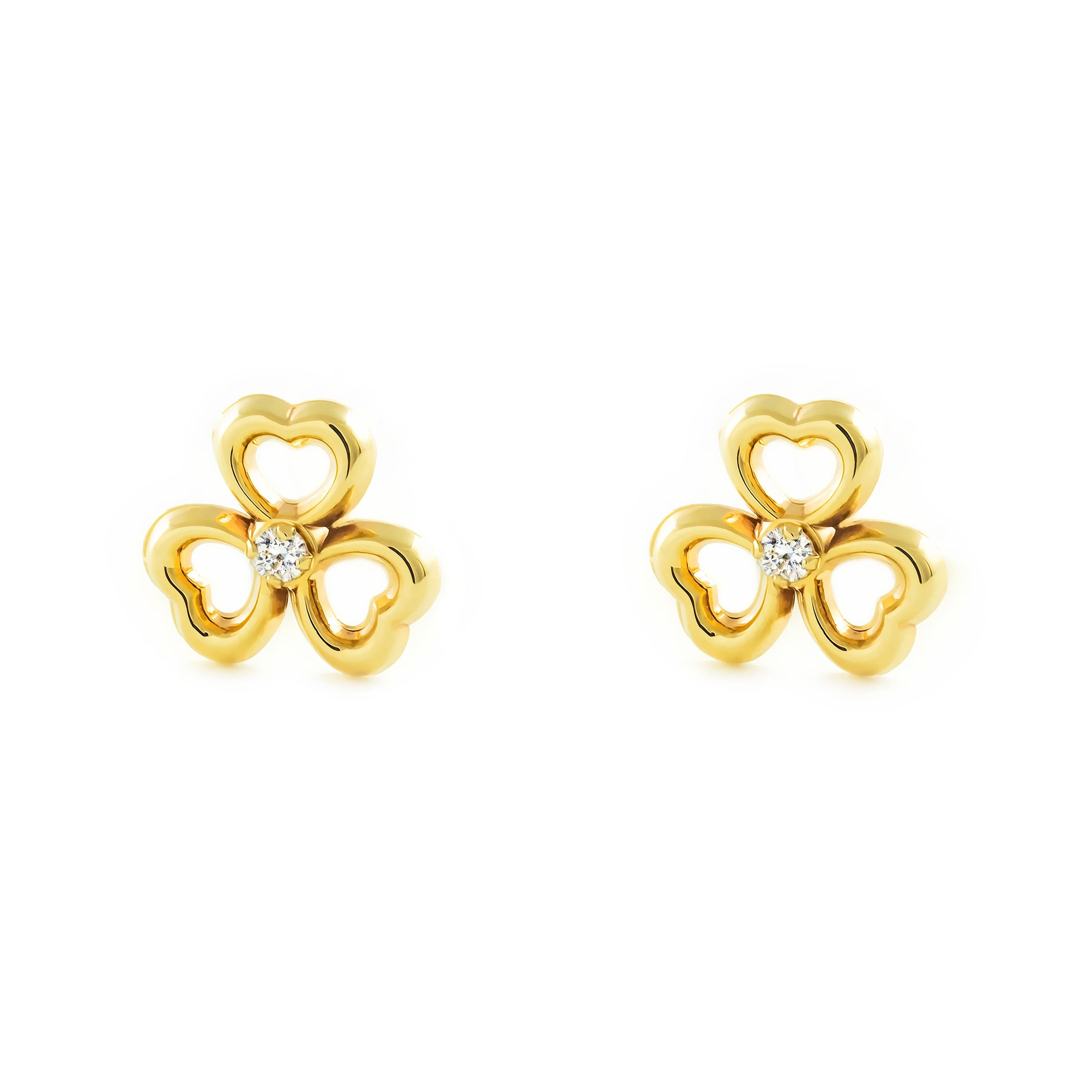 Pendientes Niña Oro Amarillo 9K Trebol Circonita Brillo