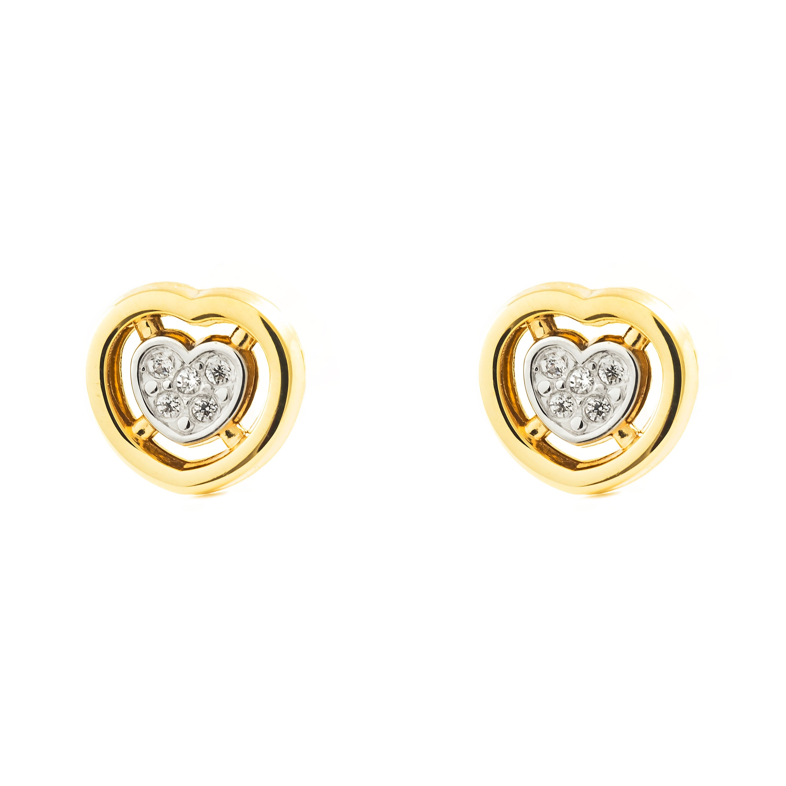 Pendientes Niña Oro Bicolor 9K Corazón Circonita Brillo