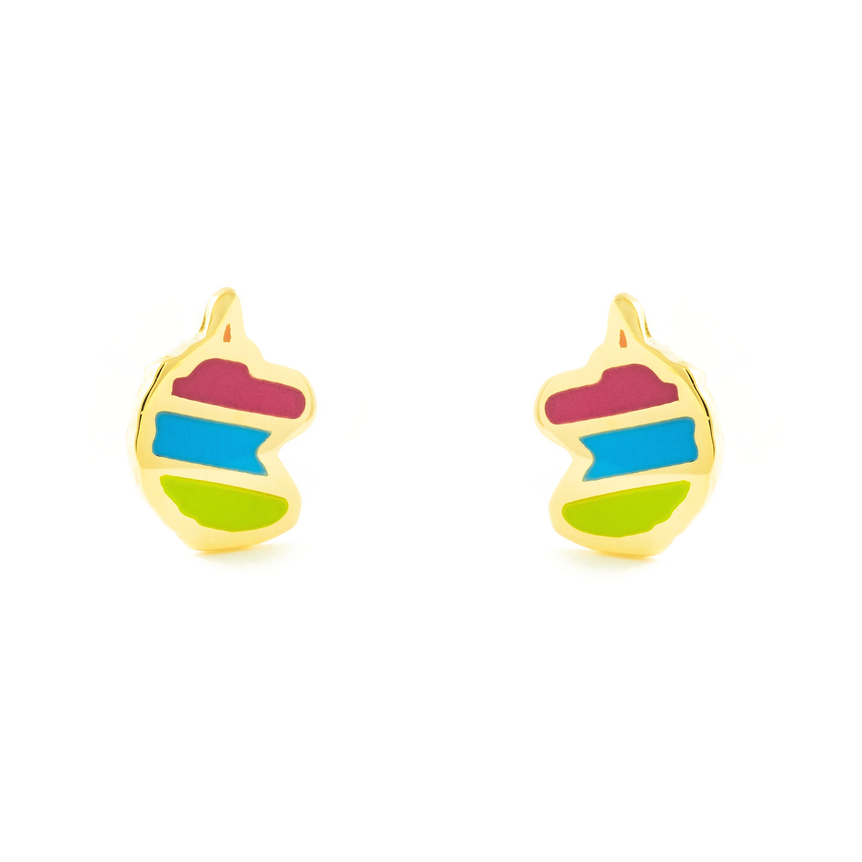 Pendientes Niña Oro Amarillo 9K Unicornio Esmalte Rosa-Blanco Brillo