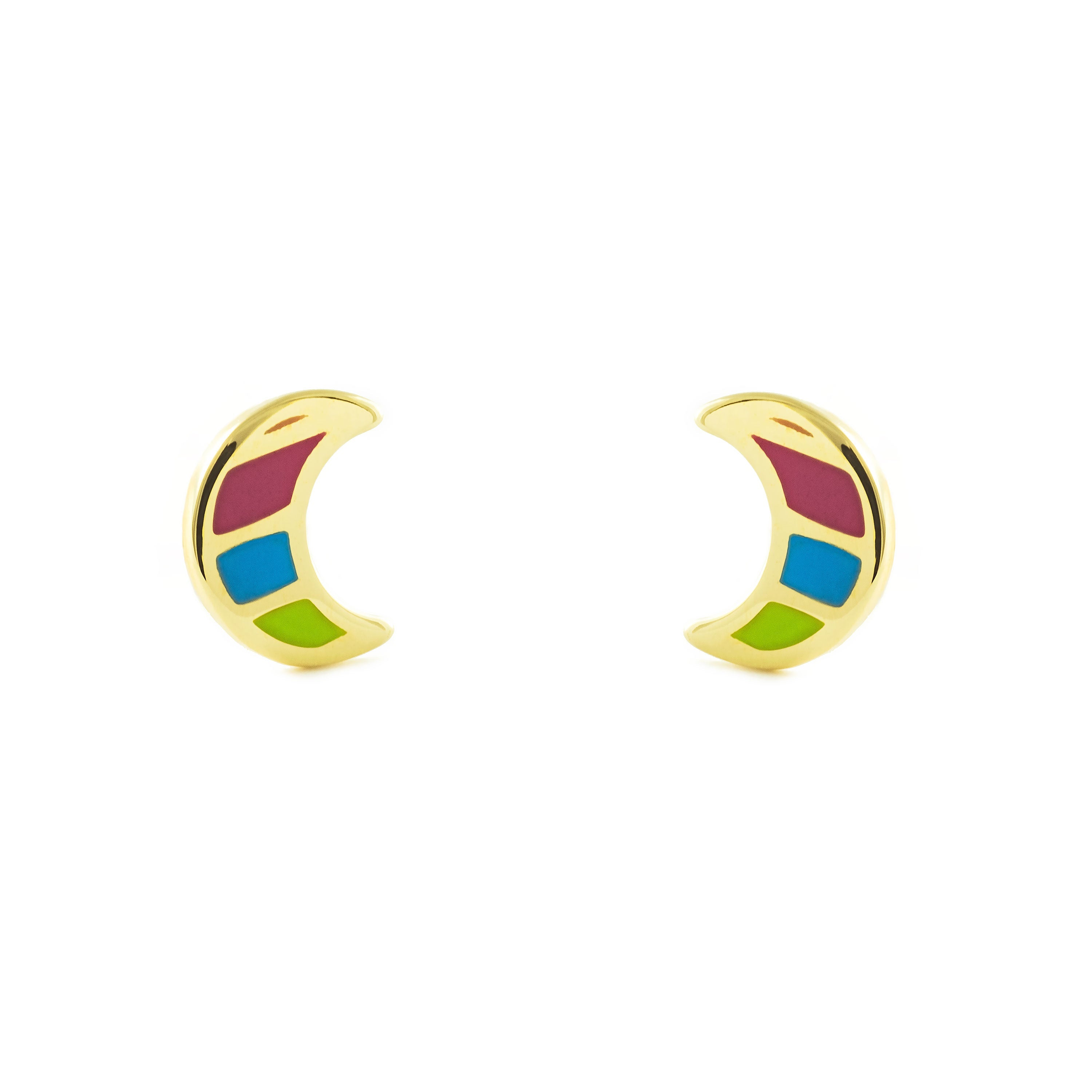 Pendientes Niña Oro Amarillo 9K Luna Esmalte Multicolor Brillo