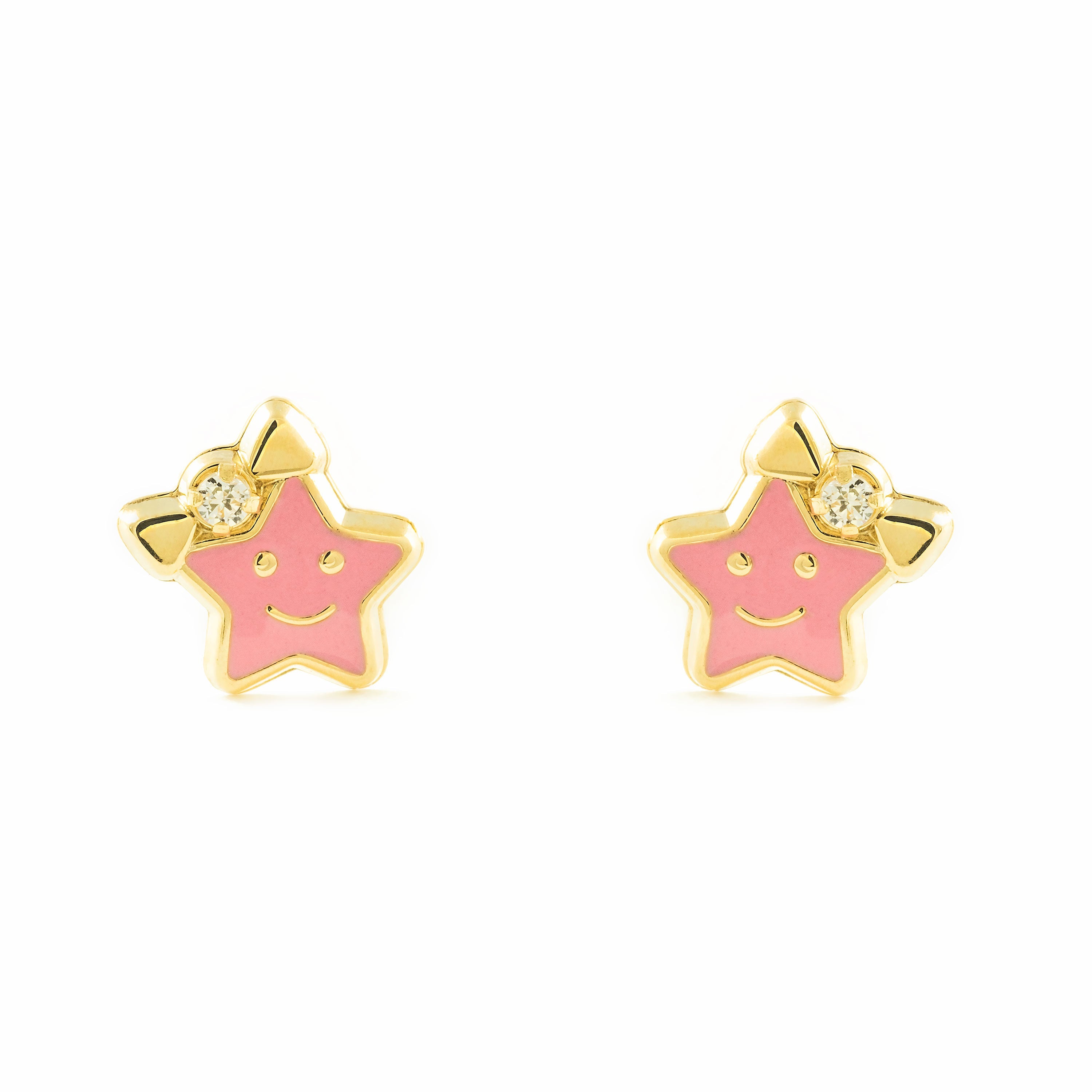 Pendientes Niña Oro Amarillo 9K Estrella Esmalte Rosa Brillo