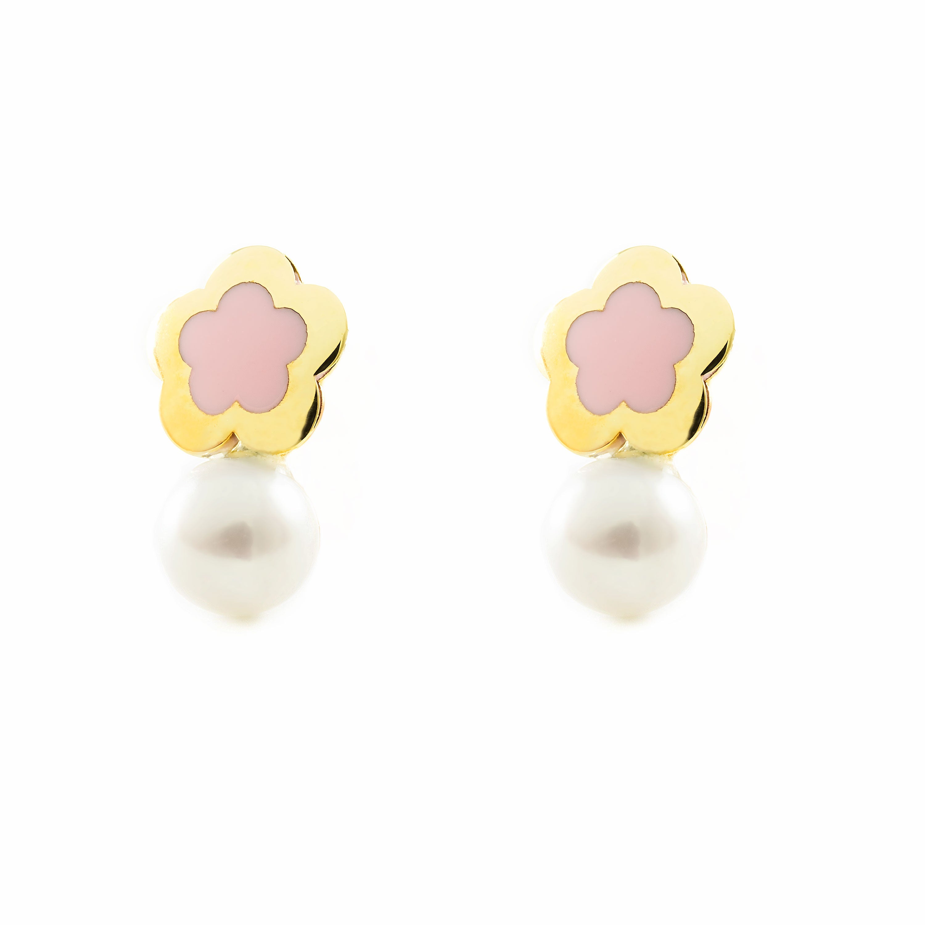 Pendientes Niña Oro Amarillo 9K Tu y Yo Perla Redonda 4 mm Flor Margarita Rosa Brillo