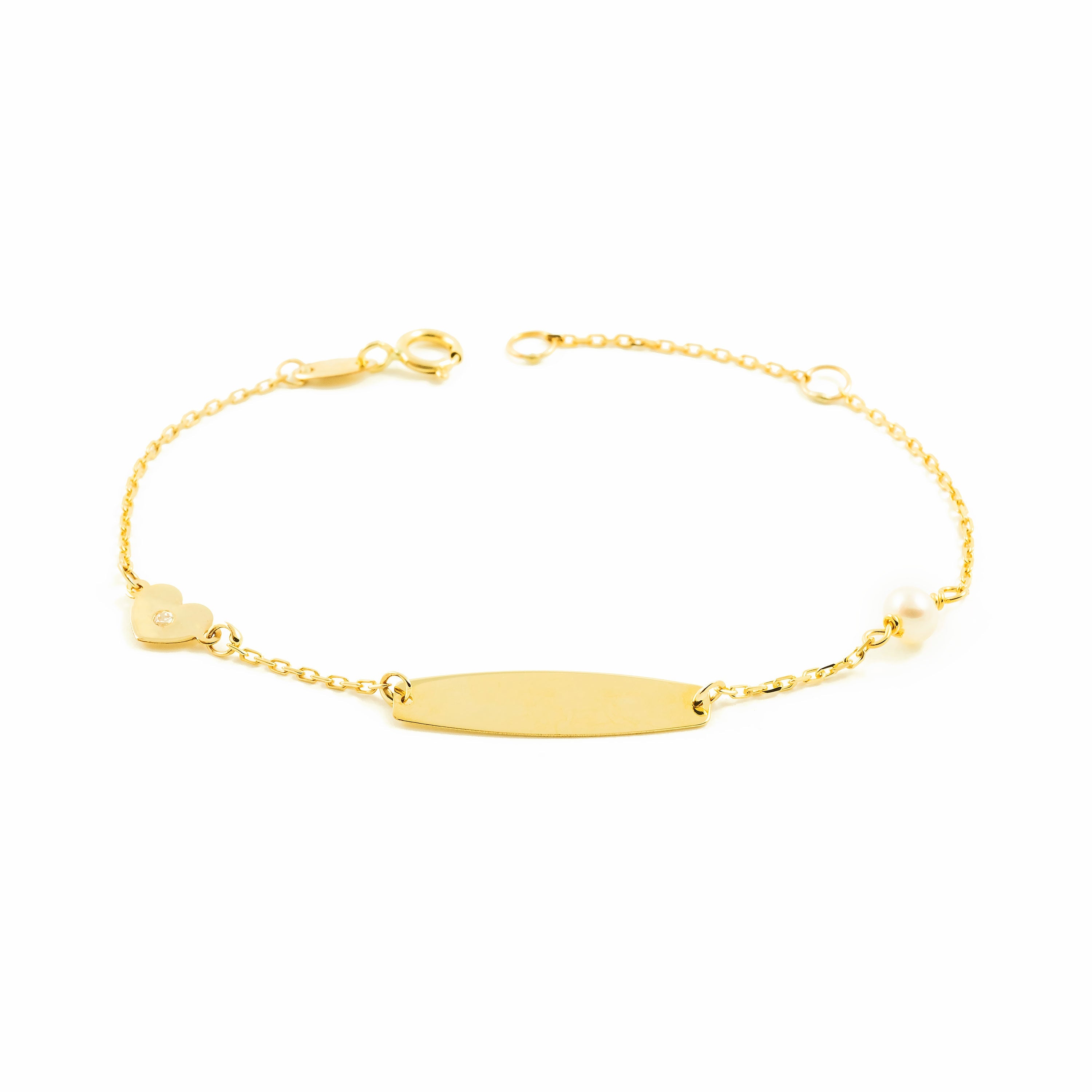Pulsera Niña Oro Amarillo 9K Personalizada Esclava Corazón Circonita Redonda 4 mm Brillo 14 cm