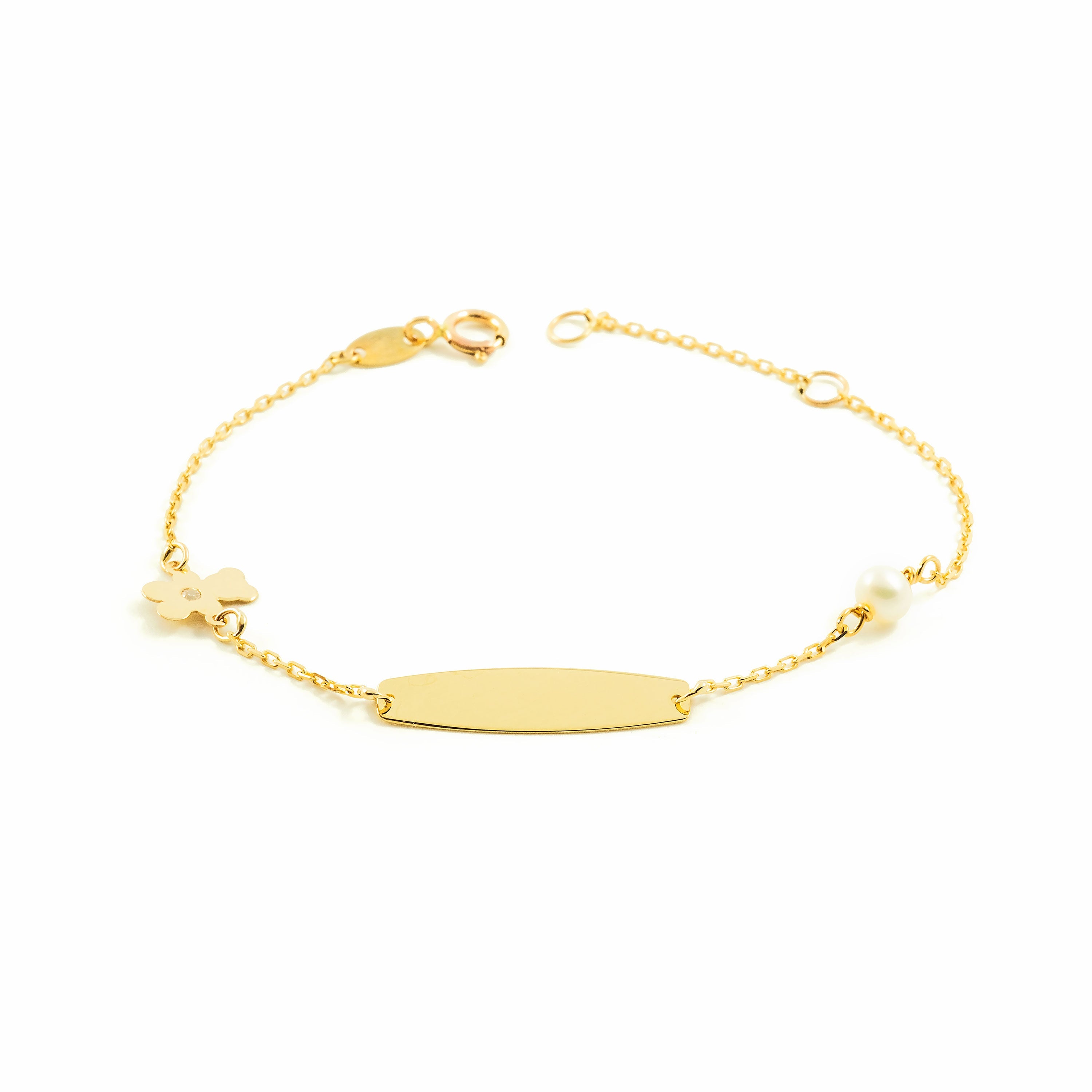 Pulsera Niña Oro Amarillo 9K Personalizada Esclava Oso Circonita Redonda 4 mm Brillo 14 cm