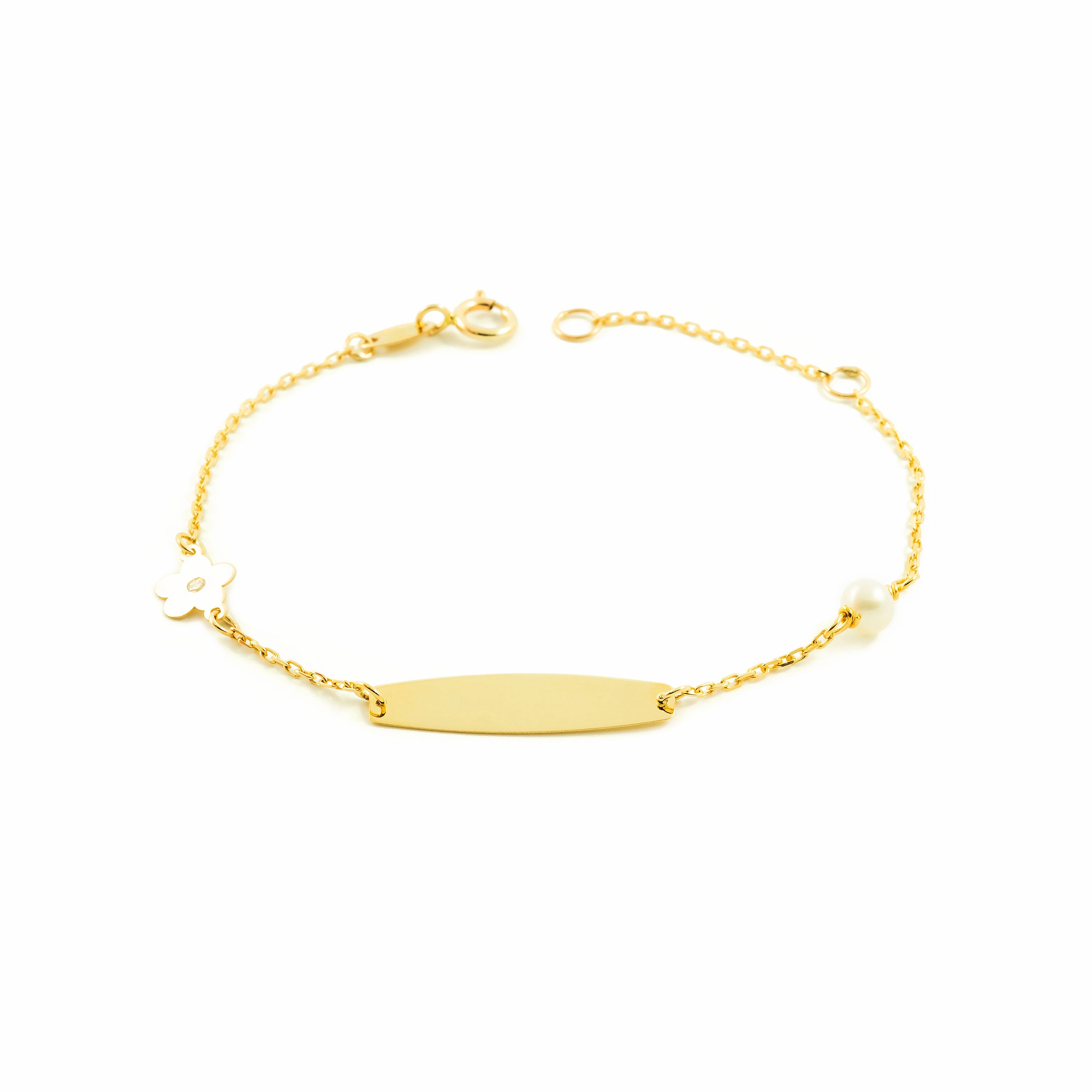 Pulsera Niña Oro Amarillo 9K Personalizada Esclava Flor Circonita Redonda 4 mm Brillo 14 cm