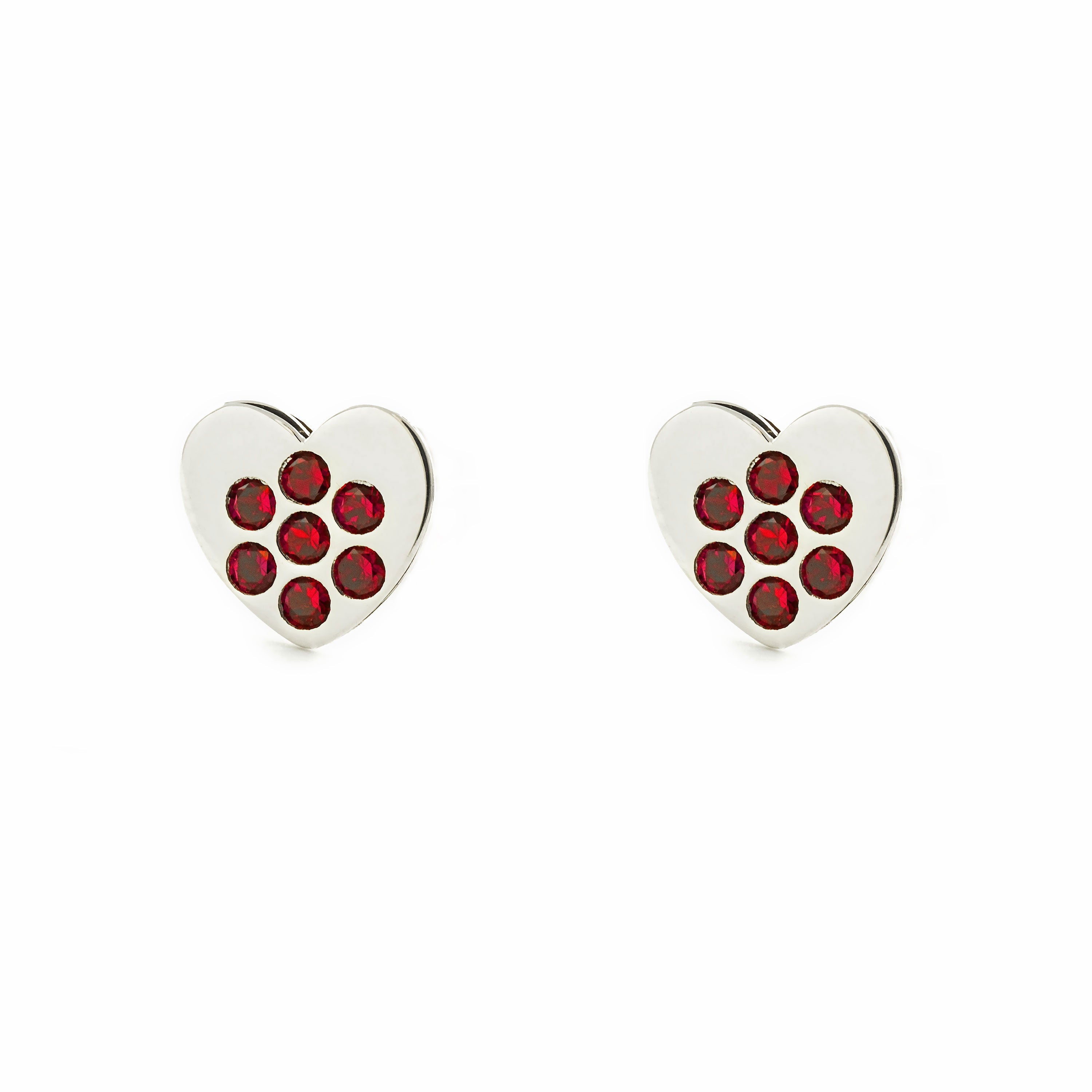 Pendientes Niña Oro Blanco 9K Corazón Rubies preciosos sintéticos Brillo