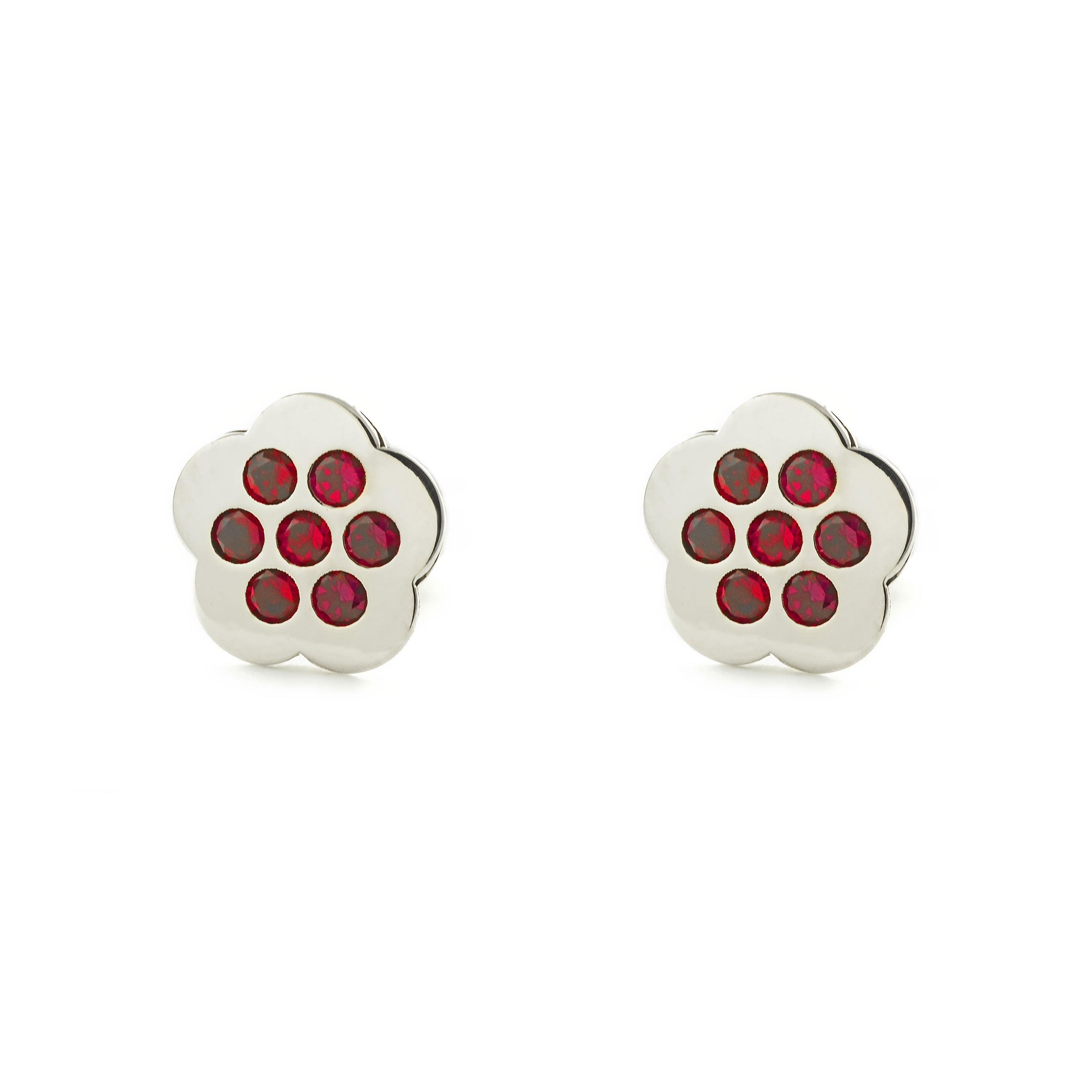 Pendientes Niña Oro Blanco 9K Flor Rubies preciosos sintéticos Brillo