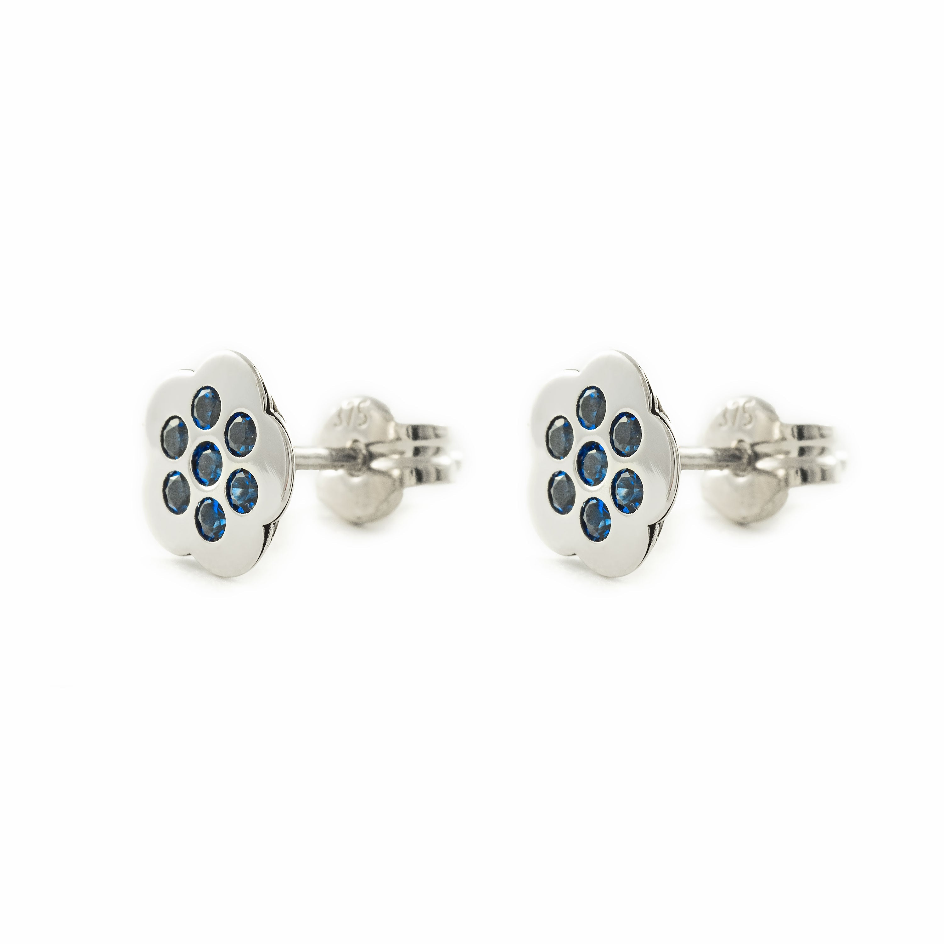 Pendientes oro blanco niña flor multipiedra en color zafiro (9kts)