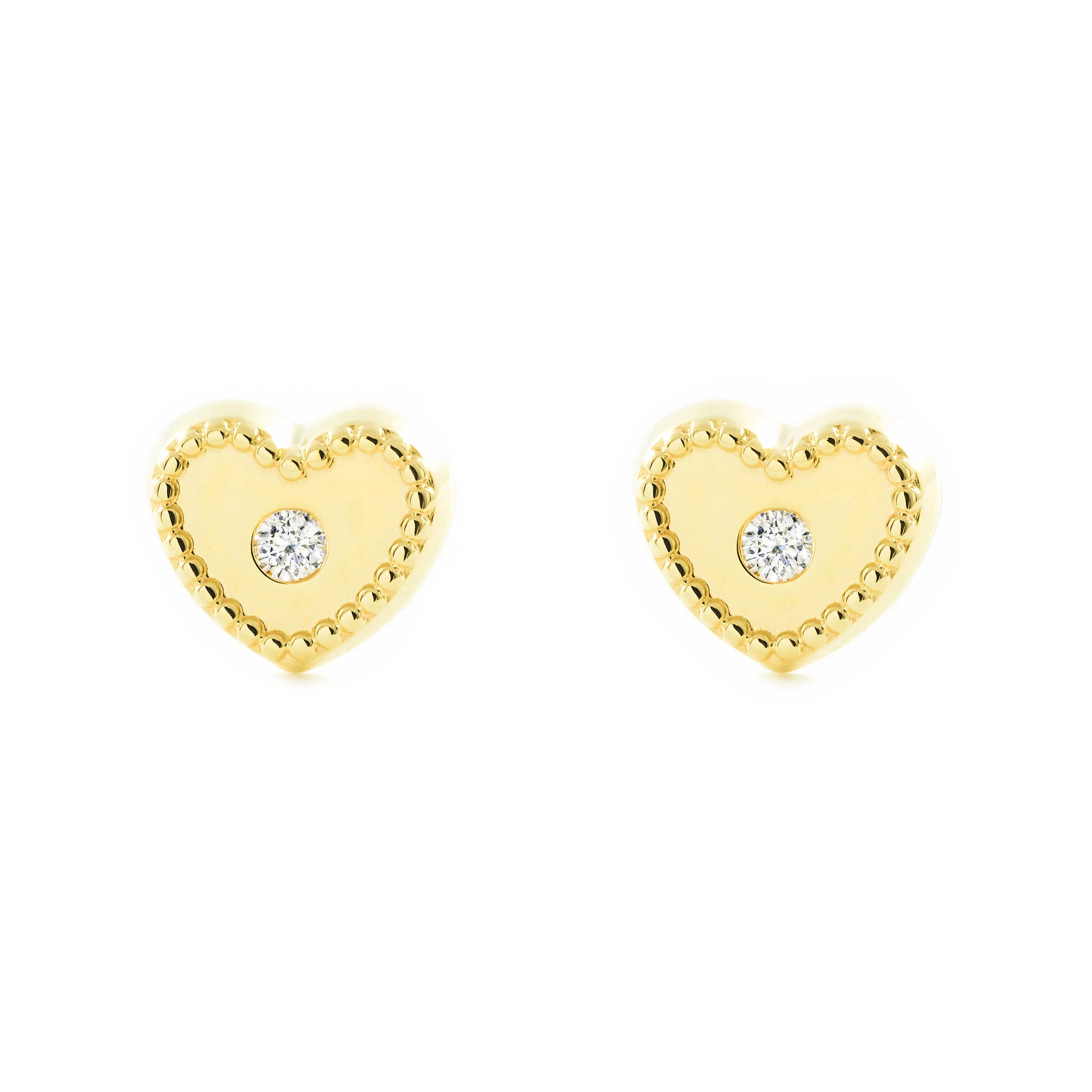 Pendientes Bebe-Niña Oro Amarillo 9K Corazón Circonita Brillo y Textura