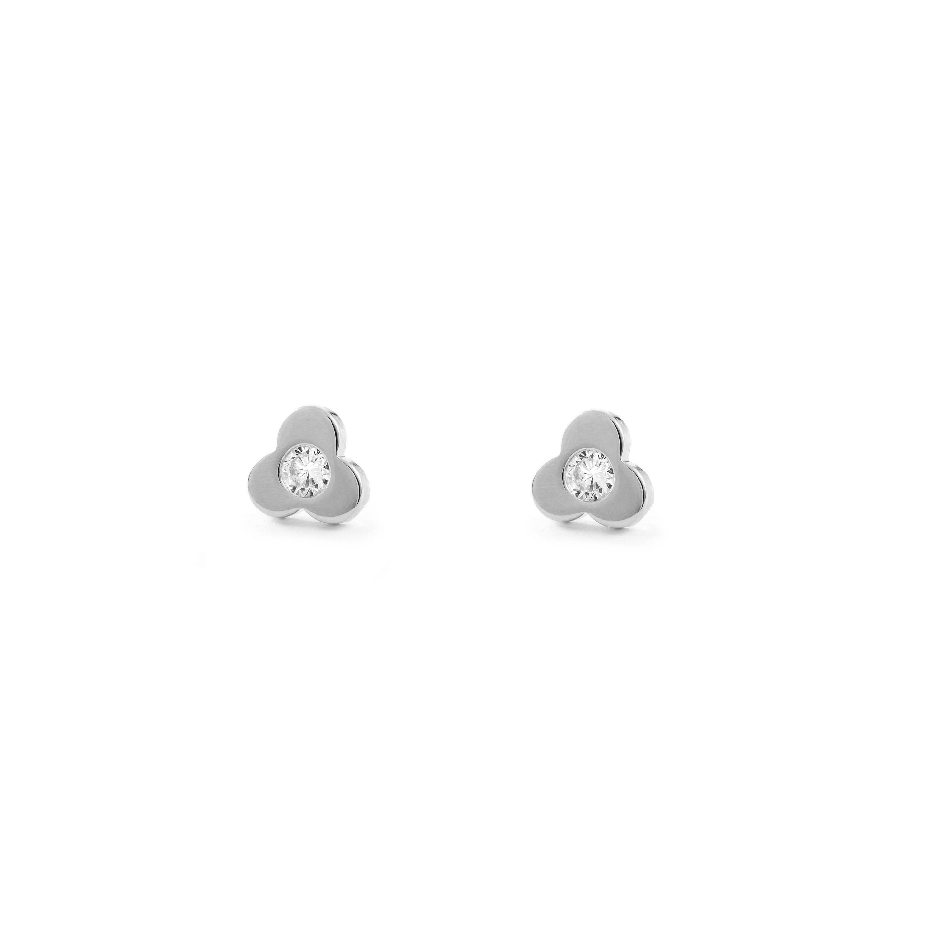 Pendientes Bebe-Niña Oro Blanco 18K Trebol Circonita Brillo