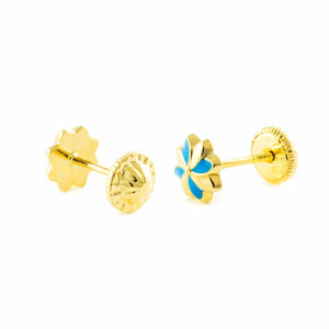 Pendientes oro amarillo niña Flor Esmaltada Azul