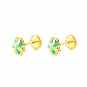 Pendientes oro amarillo niña Flor Esmaltada Verde (9kt)