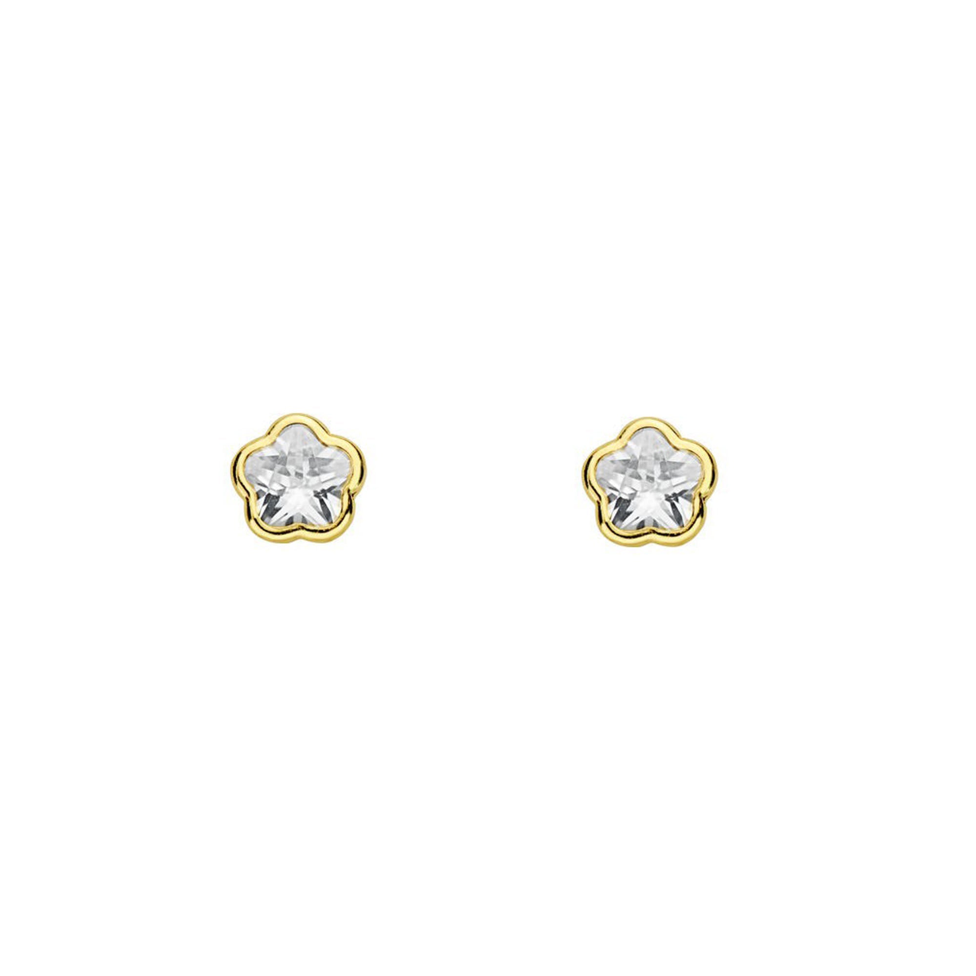 Pendientes Bebe-Niña Oro Amarillo 18K Flor Margarita Circonita Brillo