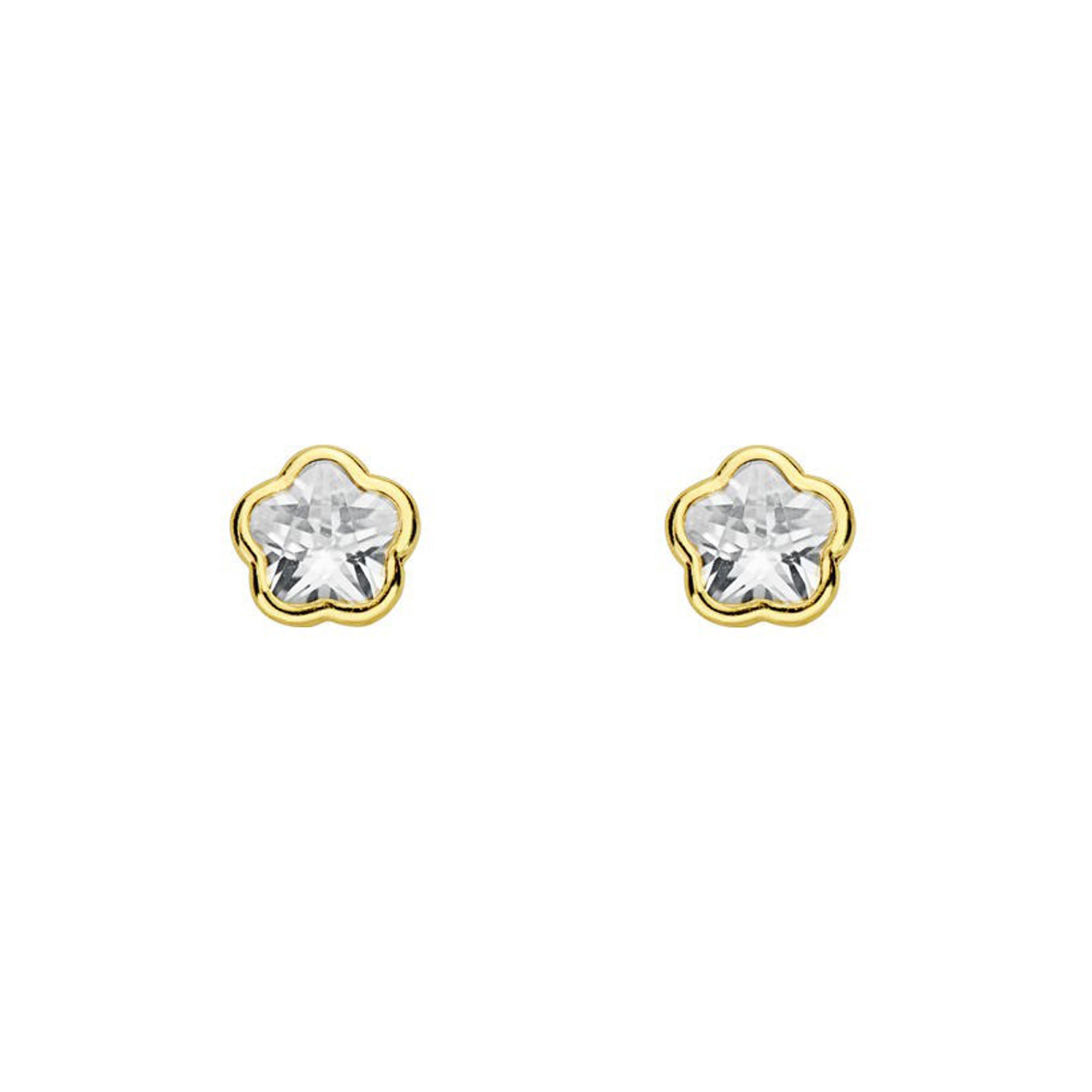 Baby-Girl Earrings 18K Yellow Gold Daisy Flower Shiny Zirconia