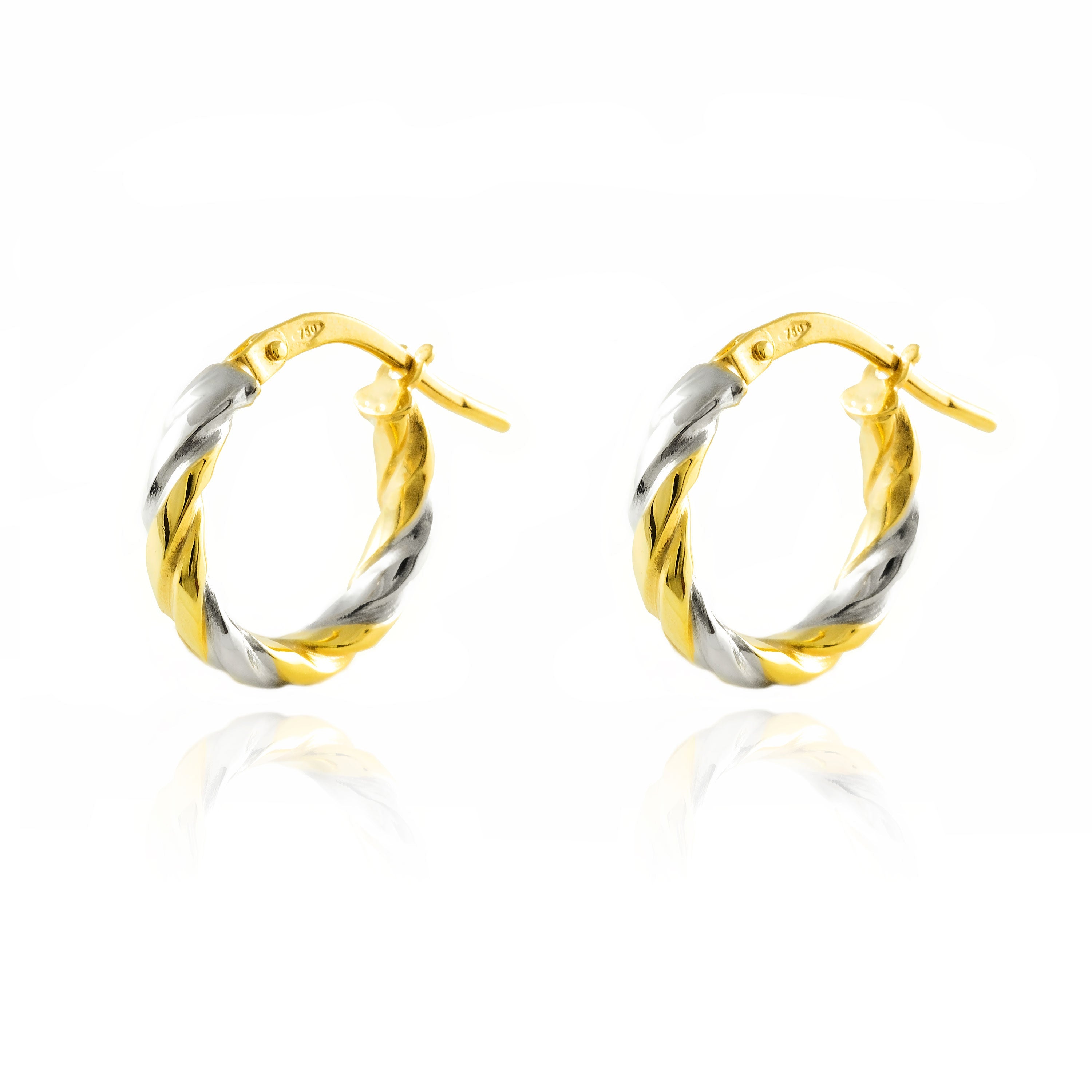 Pendientes Oro Bicolor 18K Aros Reliados Brillo 14 x 3 mm