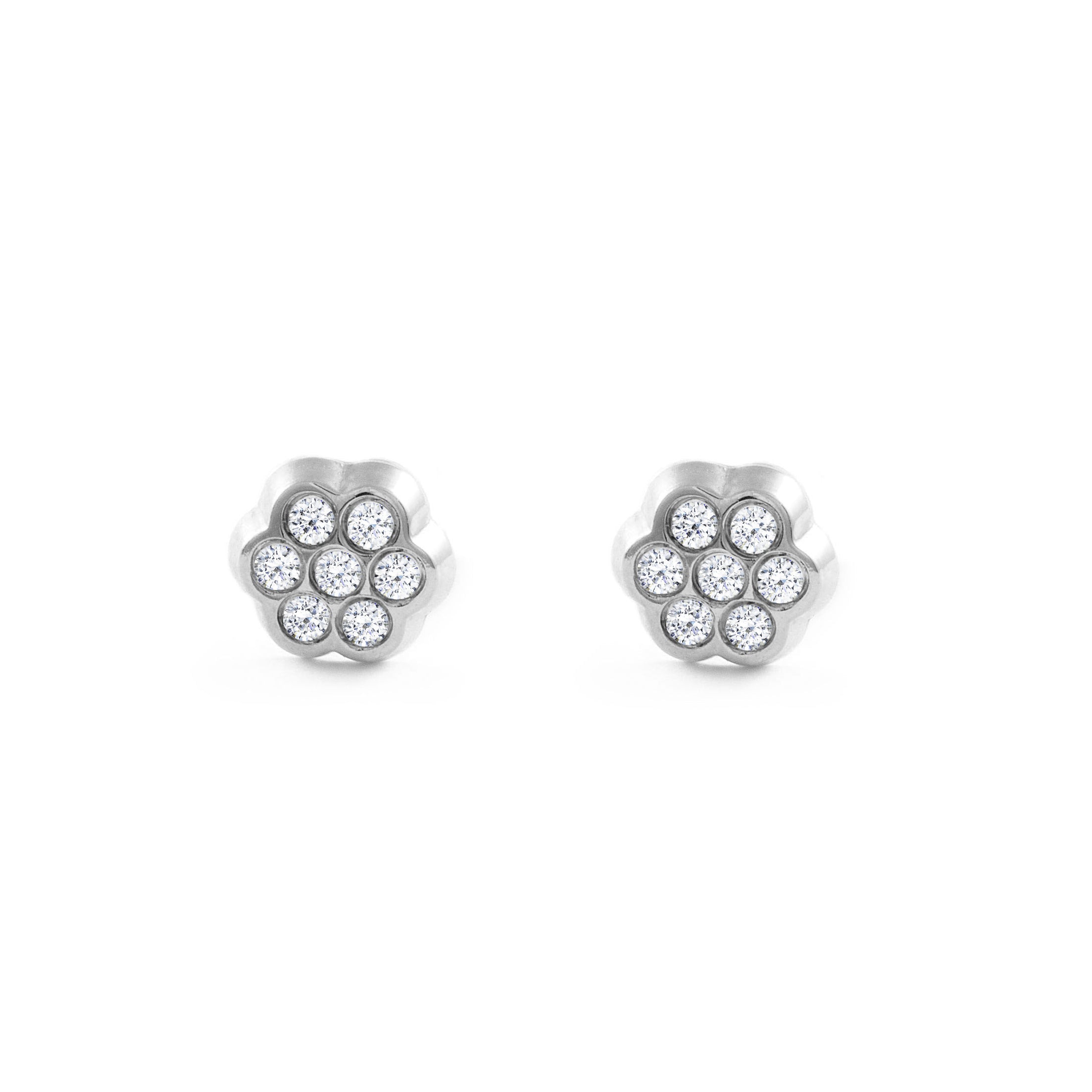 Pendientes Bebe-Niña Oro Blanco 18K Flor Margarita Circonitas Brillo