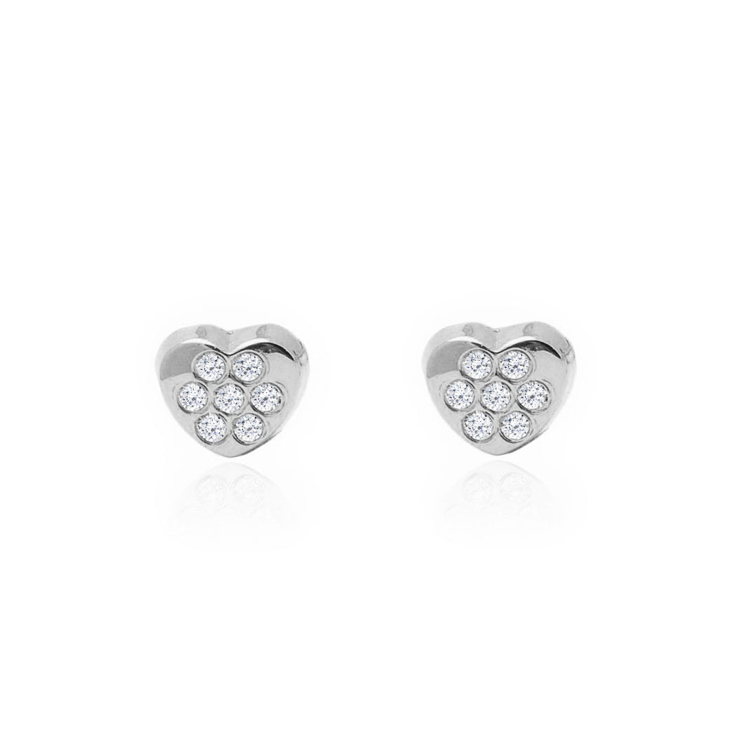 Pendientes Bebe-Niña Oro Blanco 18K Corazón Circonitas Brillo