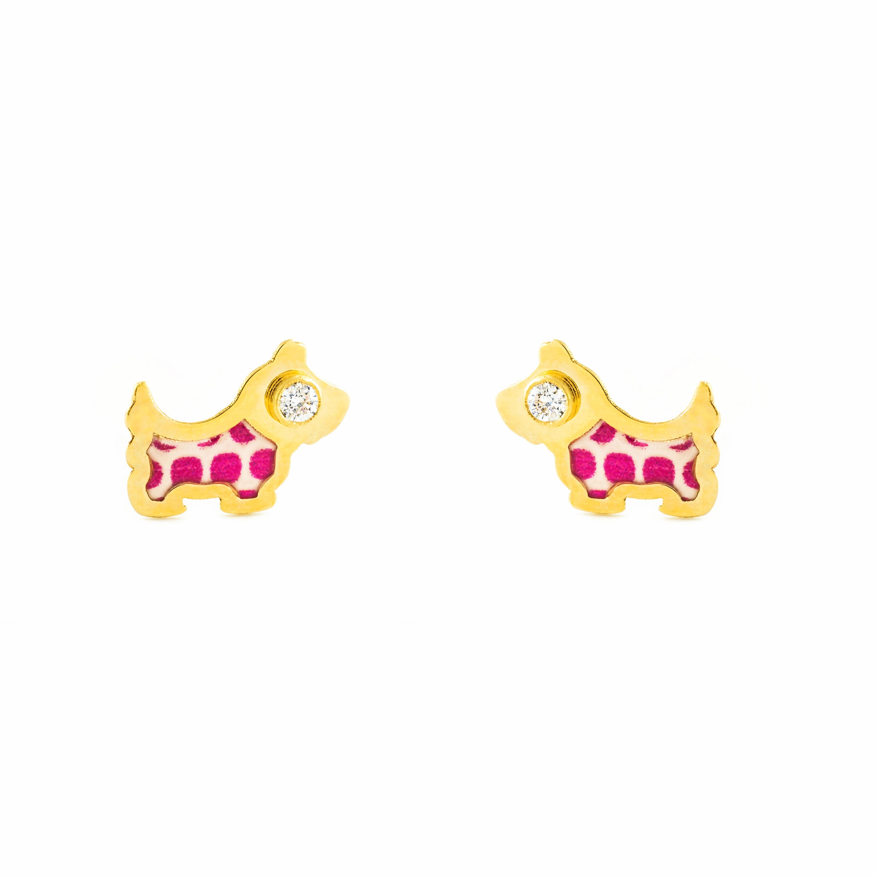 Pendientes Bebe-Niña Oro Amarillo 9K Perro Esmalte Rosa Circonita Brillo