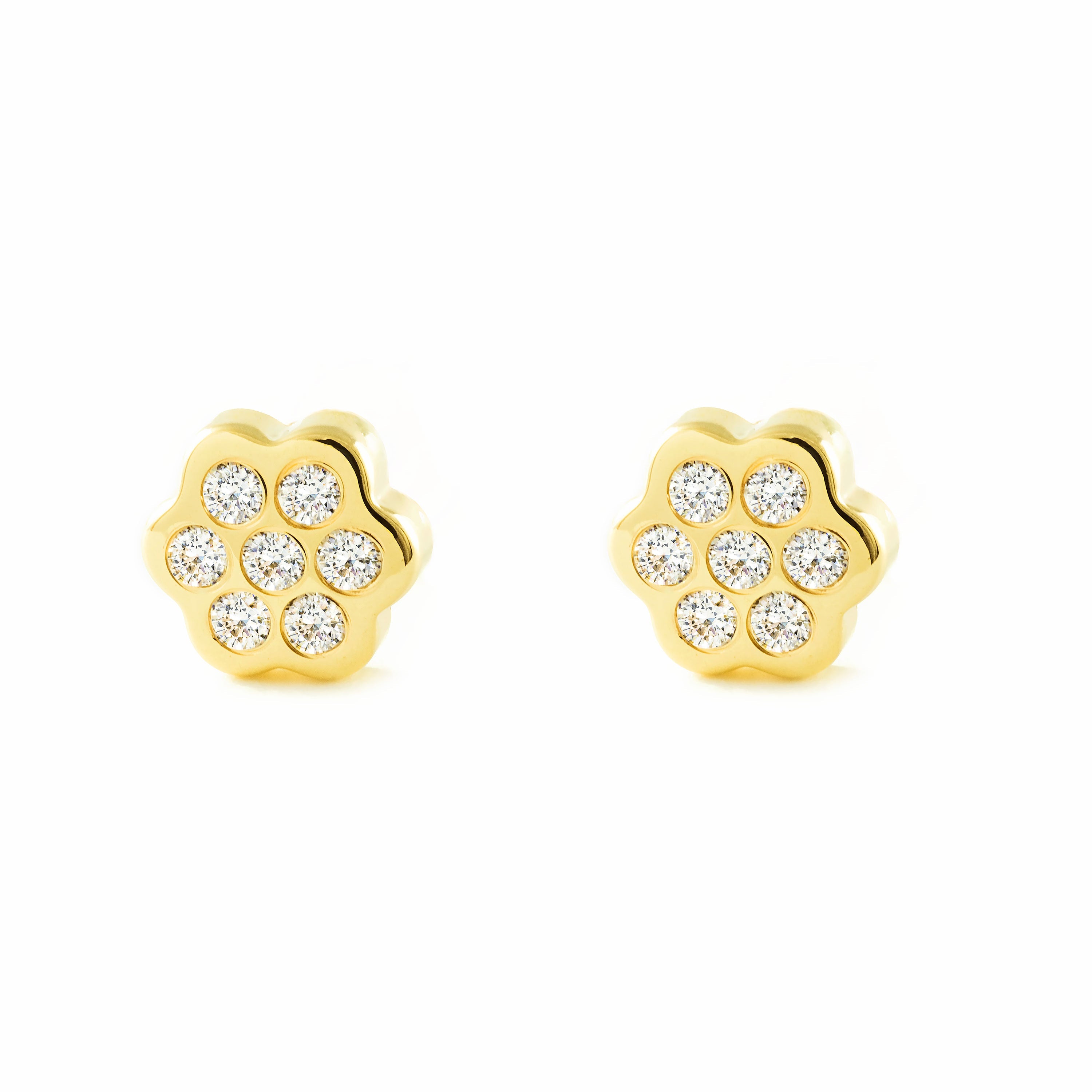Pendientes Bebe-Niña Oro Amarillo 9K Flor Margarita Circonitas Brillo
