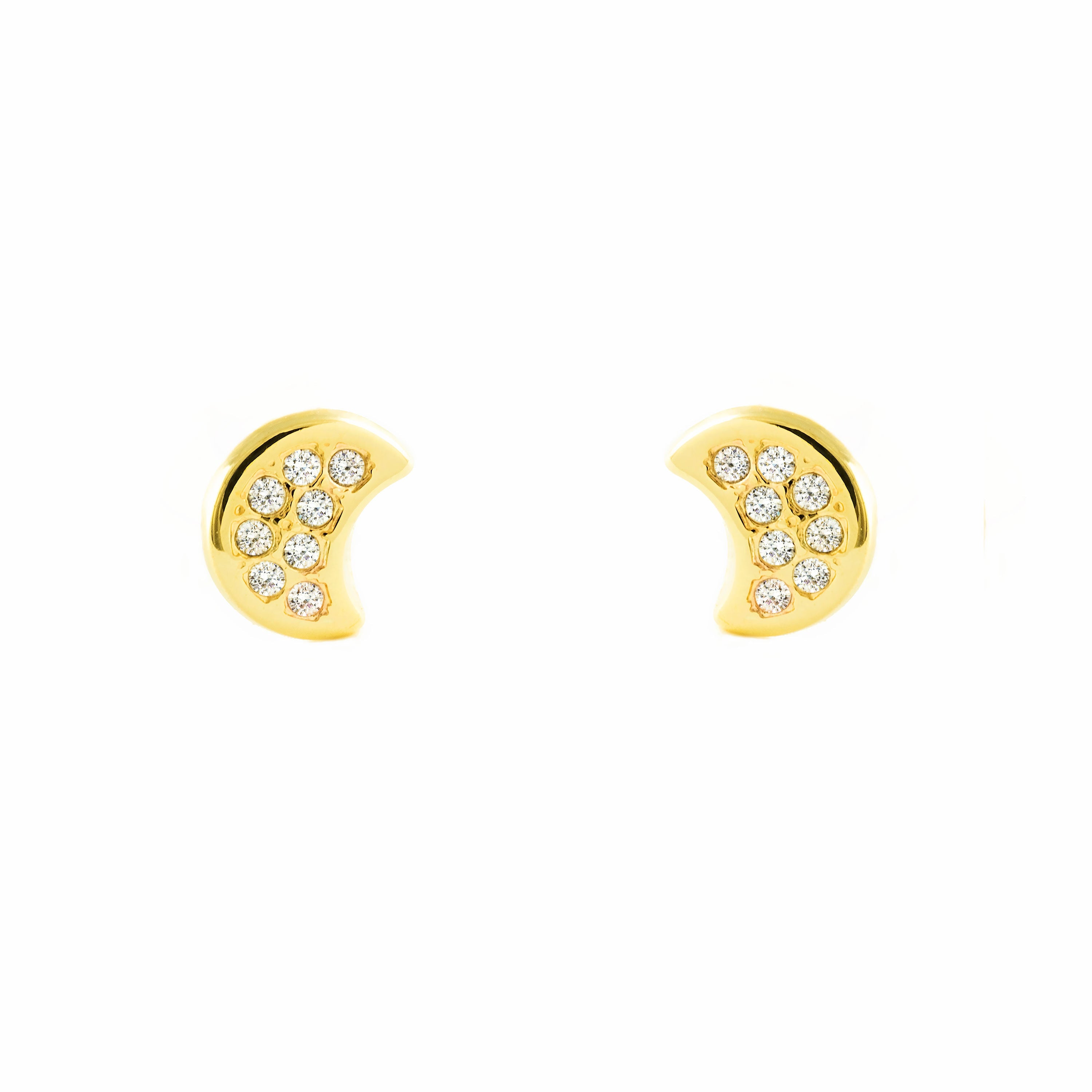Pendientes Bebe-Niña Oro Amarillo 9K Luna Circonitas Brillo