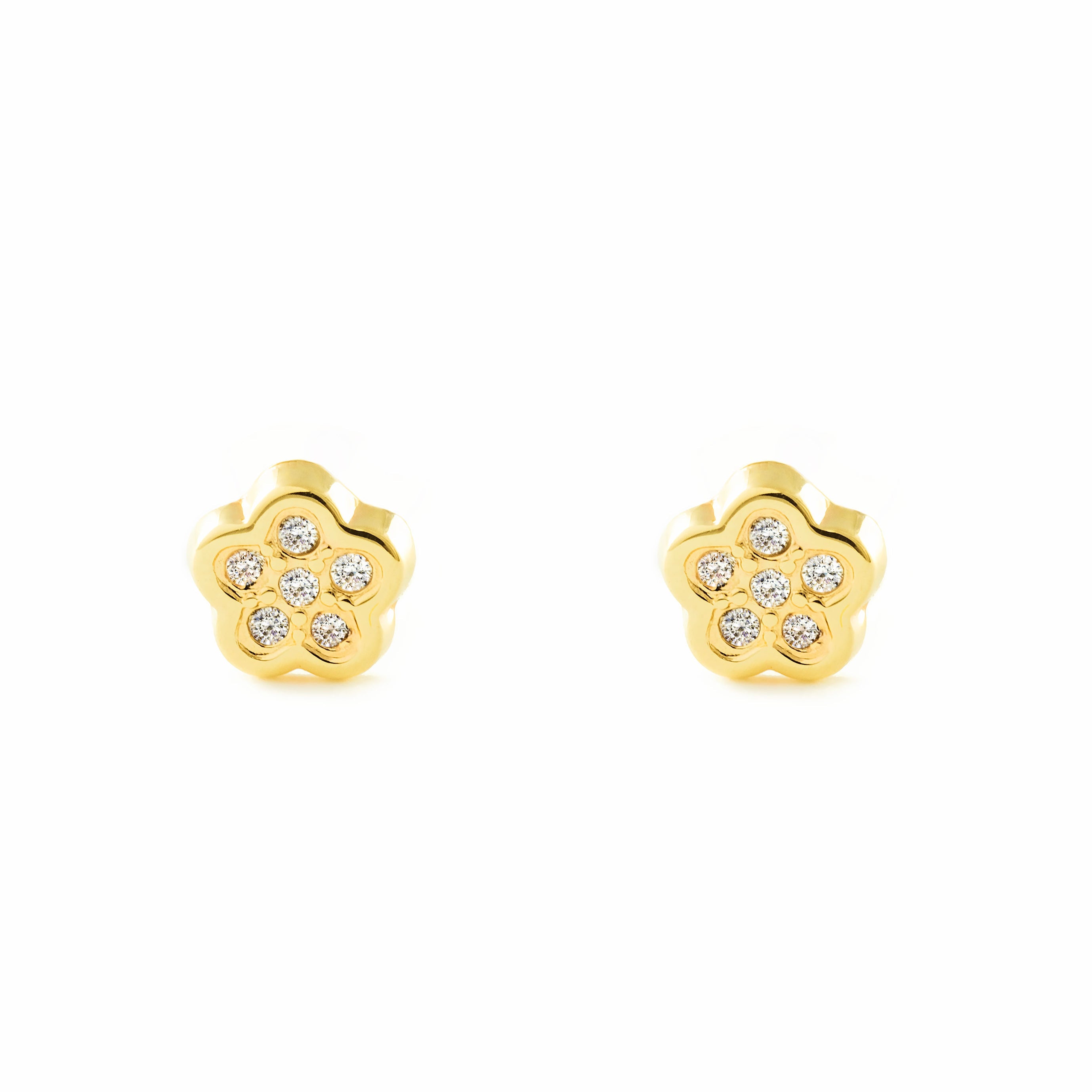 Pendientes Bebe-Niña Oro Amarillo 9K Flor Circonitas Brillo