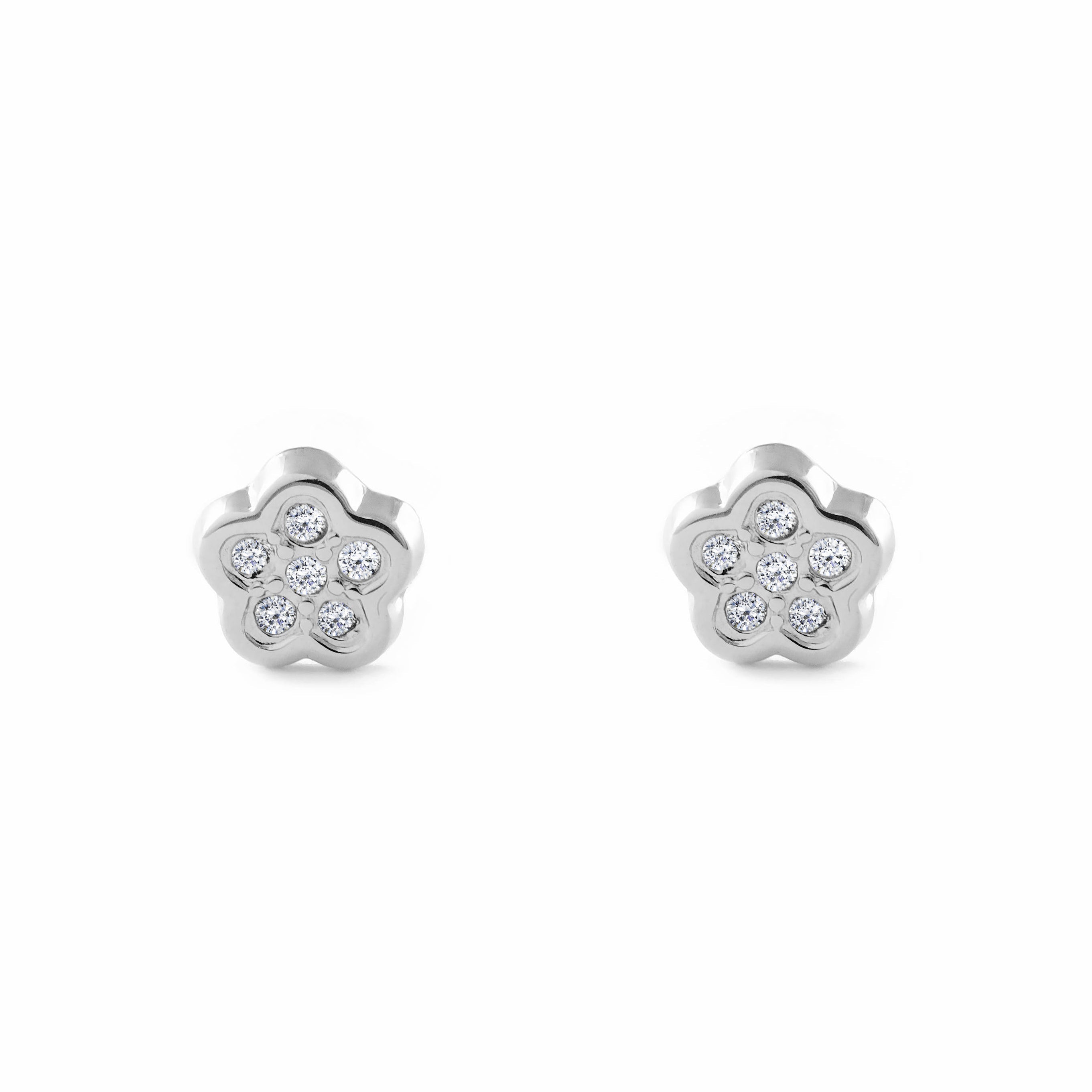 Pendientes Bebe-Niña Oro Blanco 9K Flor Circonitas Brillo