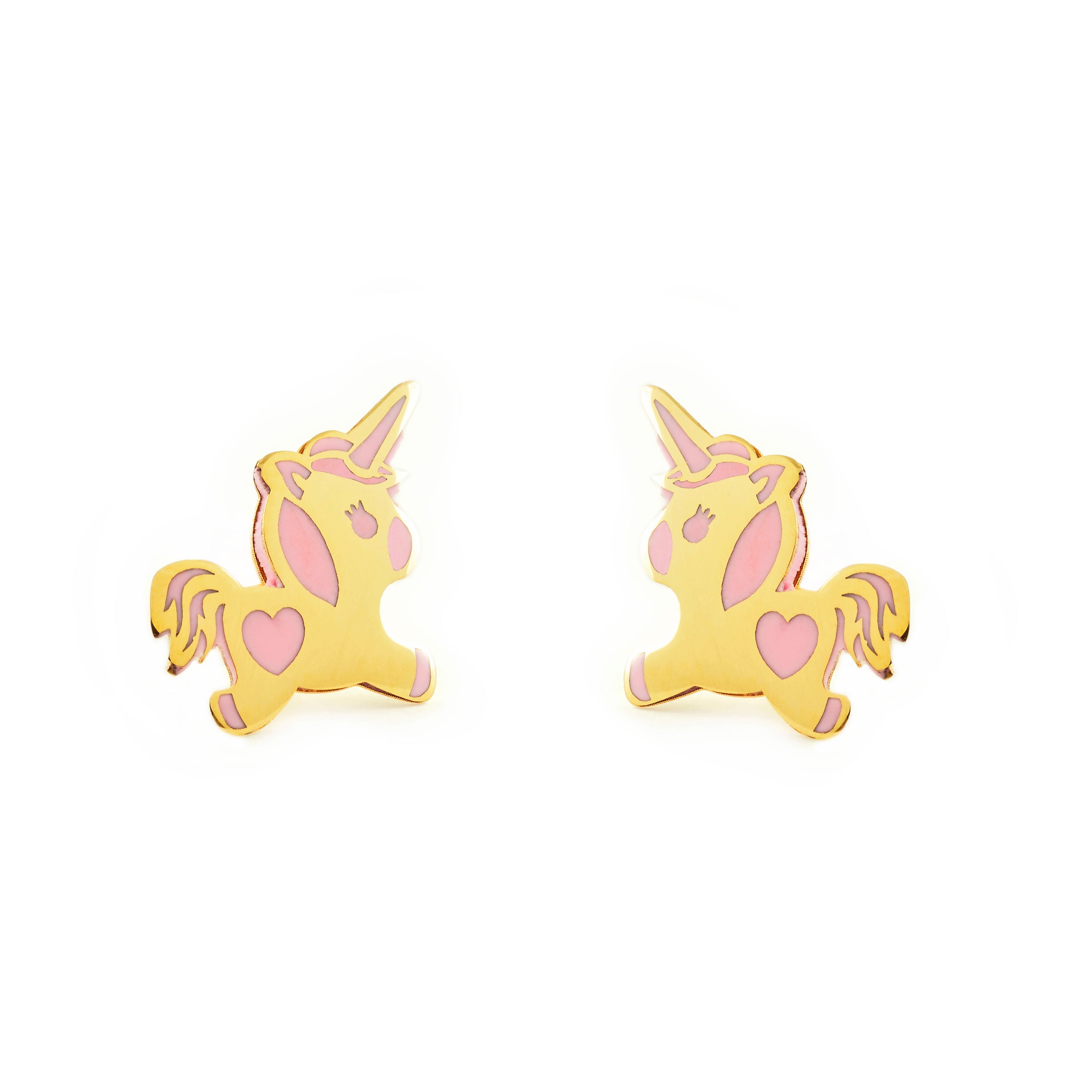 Pendientes Niña Oro Amarillo 9K Unicornio Esmalte Rosa Brillo