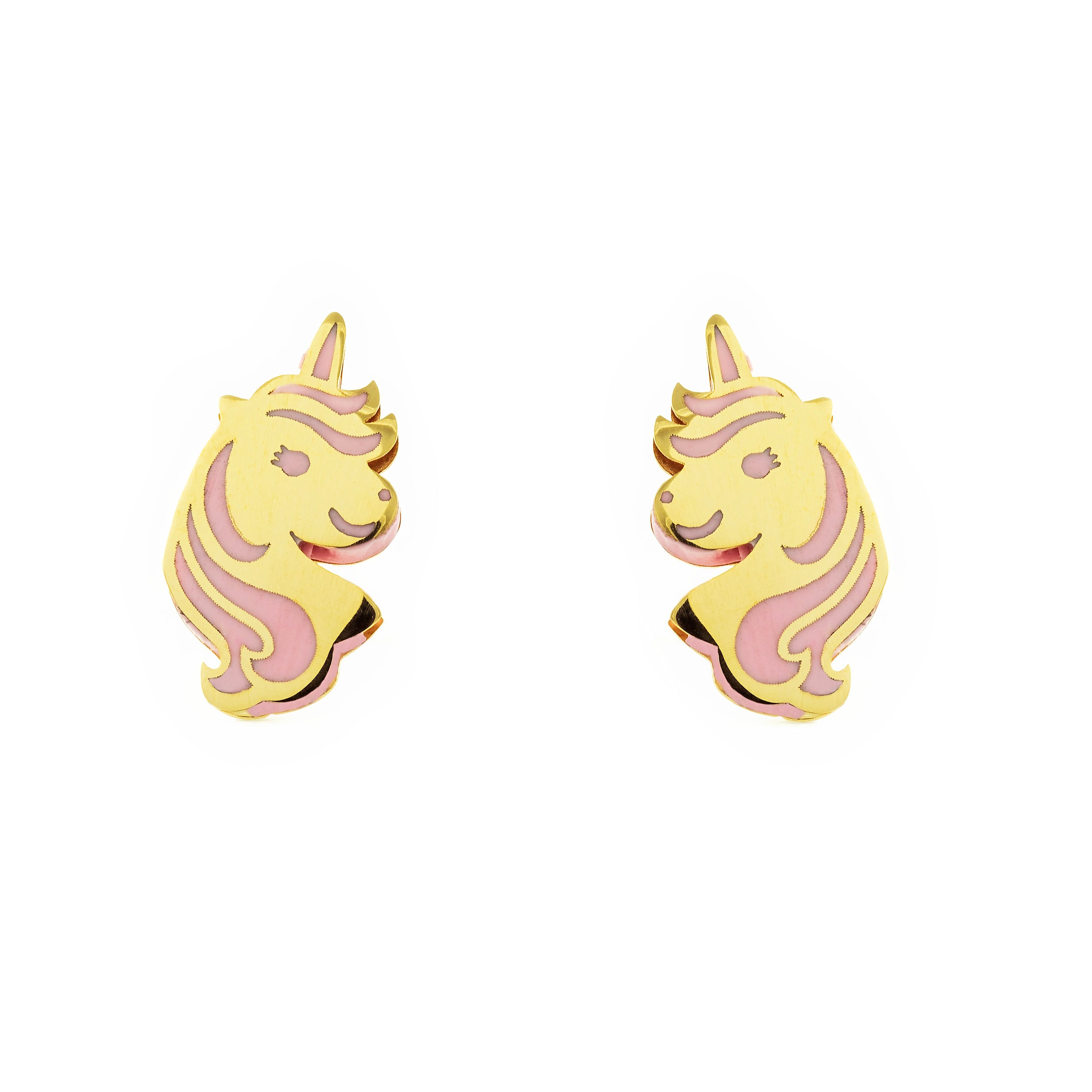 Pendientes Niña Oro Amarillo 9K Unicornio Esmalte Rosa Brillo