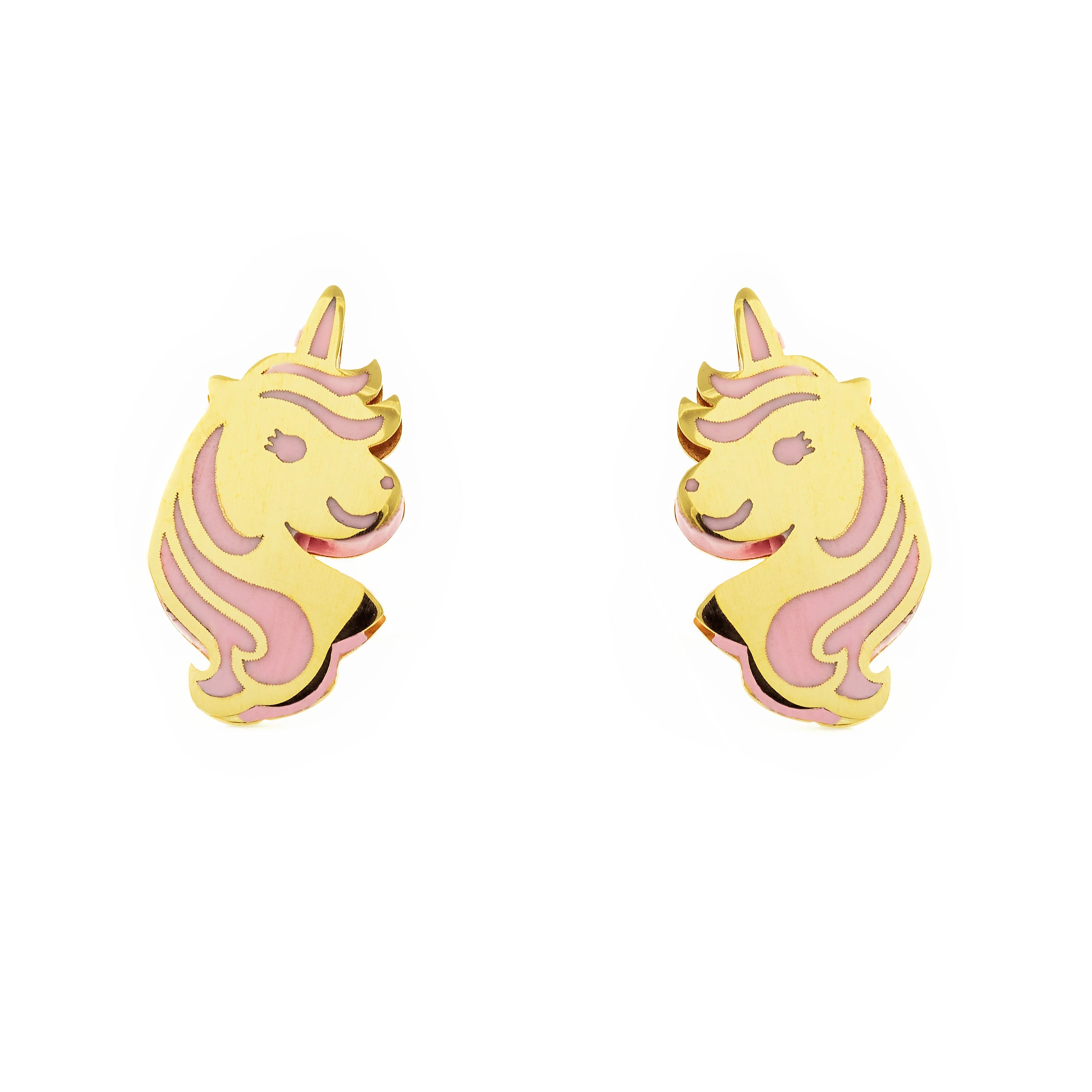 Pendientes Niña Oro Amarillo 9K Unicornio Esmalte Rosa Brillo