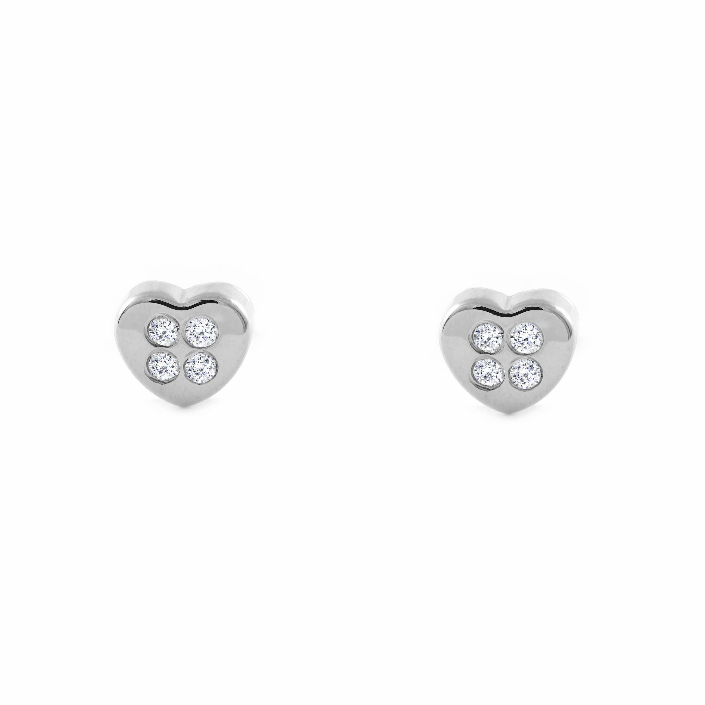 Pendientes Bebe-Niña Oro Blanco 18K Corazón Circonitas Brillo