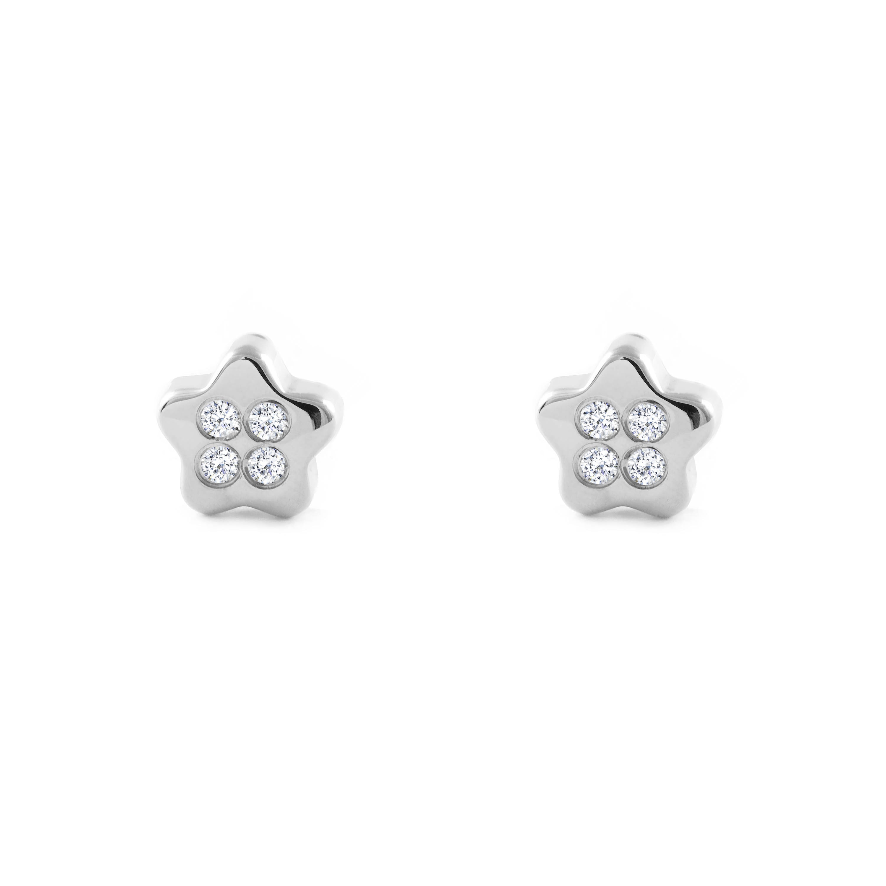 Pendientes Bebe-Niña Oro Blanco 18K Estrella Circonitas Brillo