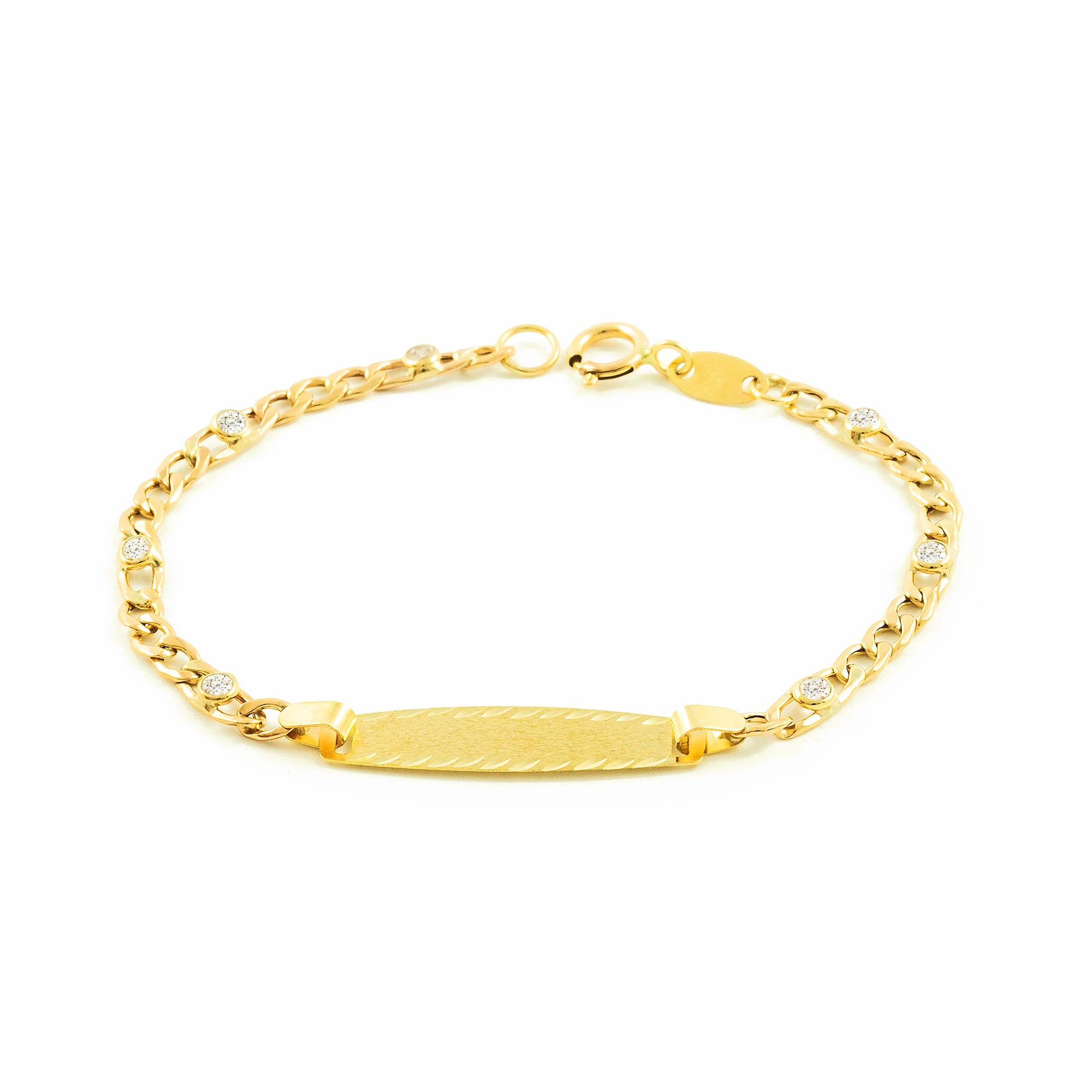 Pulsera Bebe-Niña Oro Amarillo 9K Personalizada Esclava 3x1 Circonitas Mate y Brillo 12 cm